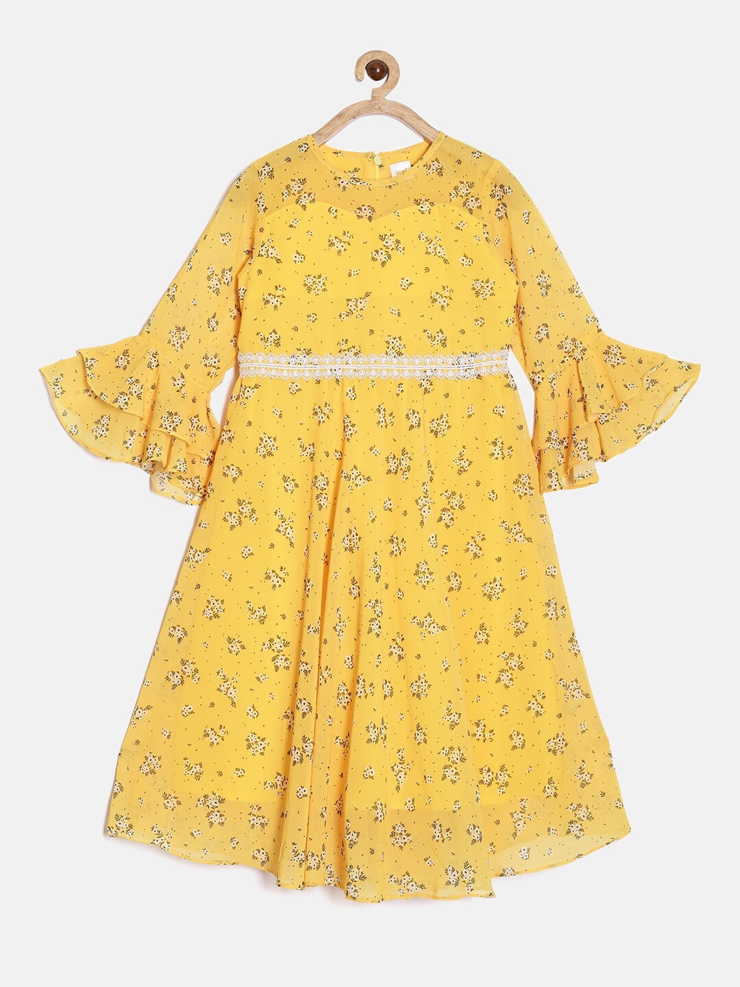 

Aomi Girls Yellow & Olive Green Floral Print Round Neck Dress