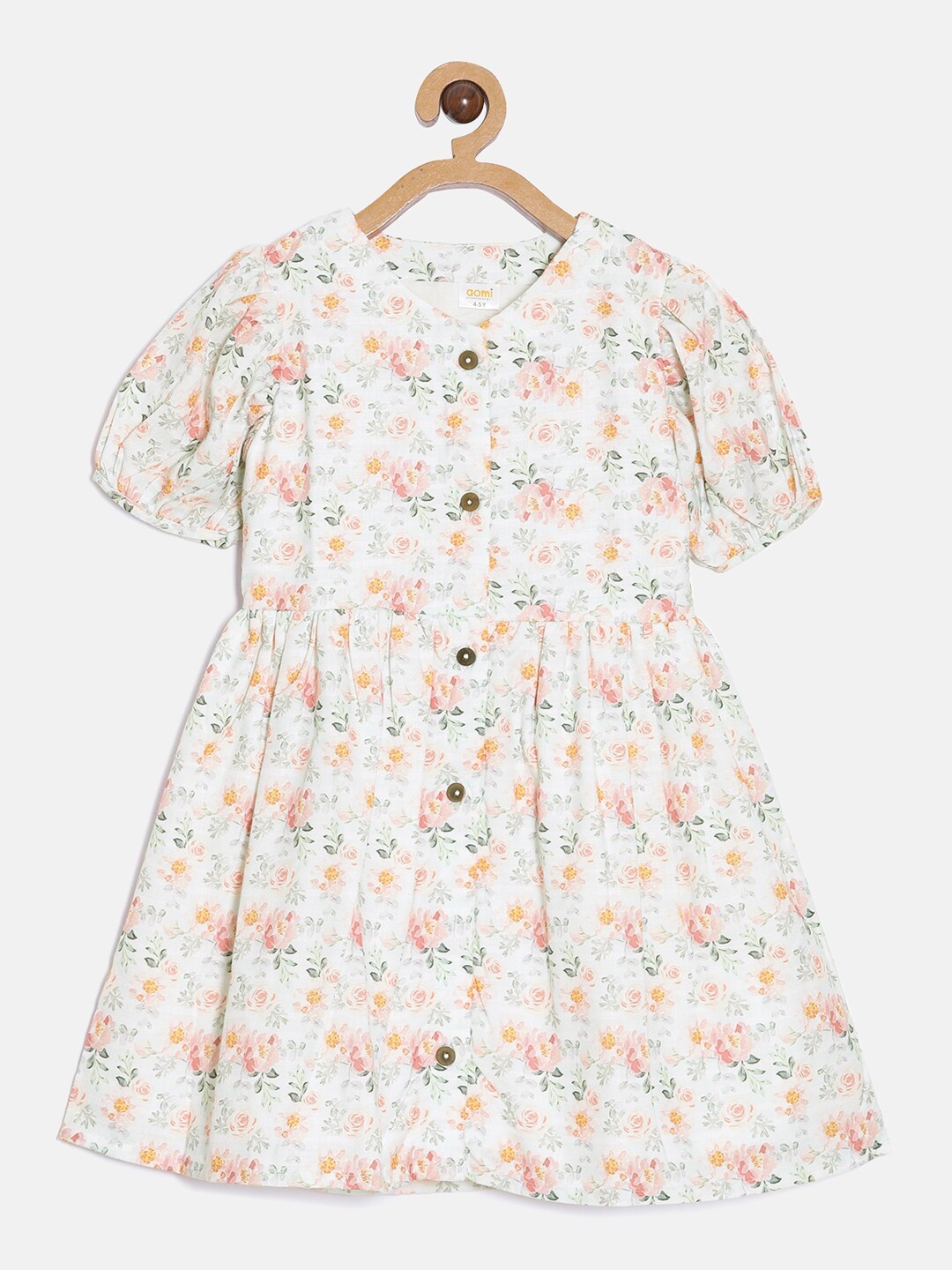 

Aomi Girls Off White & Peach Floral V-Neck Cotton Dress