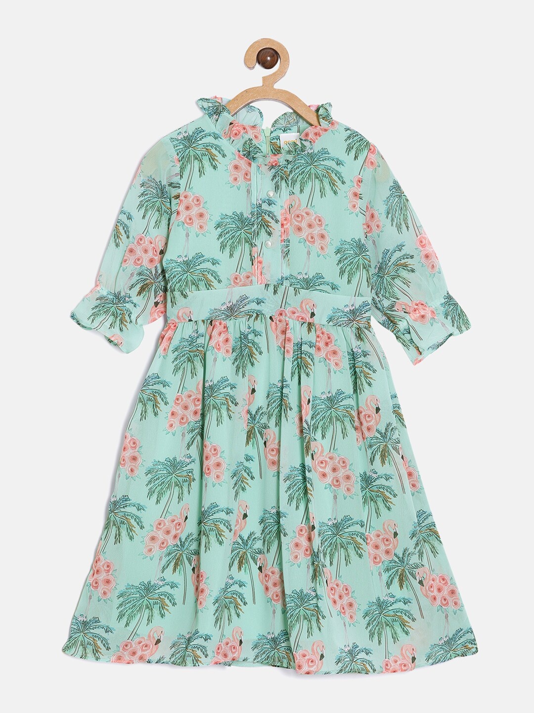 

Aomi Girls Sea Green & Pink Tropical Fit & Flare Mandarin Collar Dress