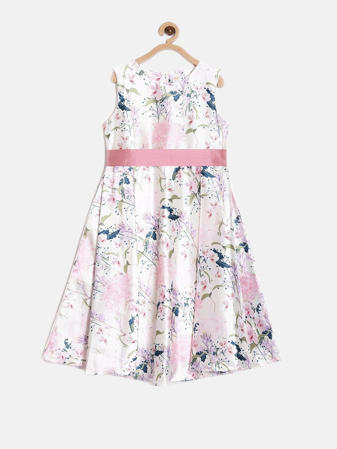 

Aomi Girls Off White & Pink Floral Printed Round Neck Midi Dress