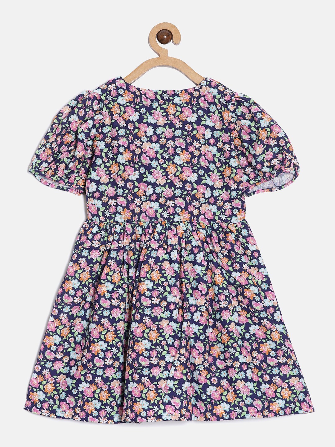 

Aomi Girls Navy Blue & Pink Floral Print V-Neck Cotton Dress