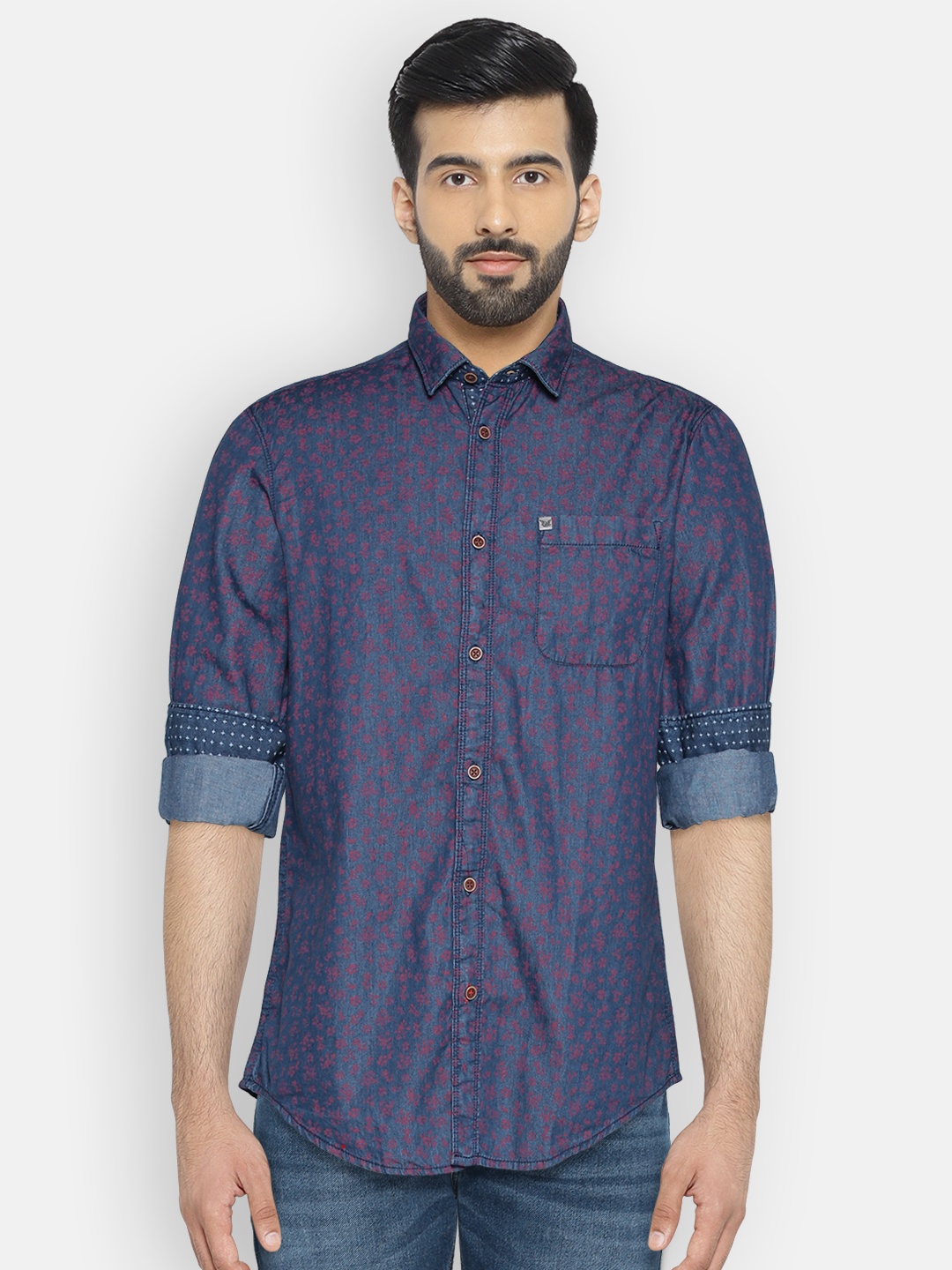 

Arrow Blue Jean Co. Men Blue & Maroon Slim Fit Printed Casual Shirt