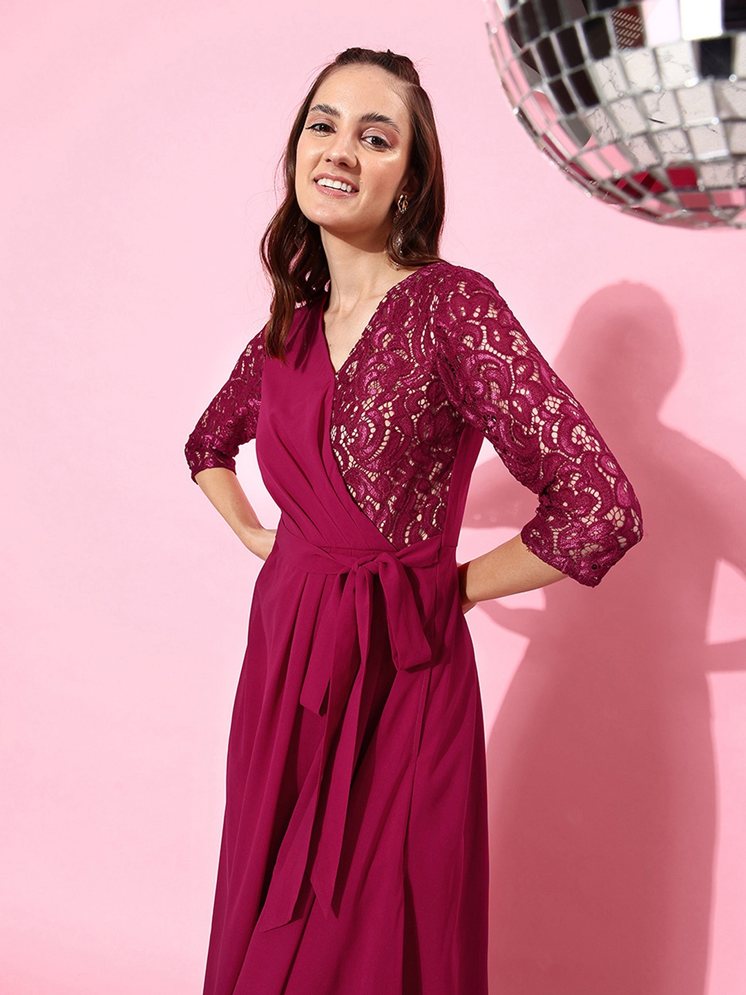 

Miss Chase Georgette Lace Inserts Maxi Wrap Dress, Magenta
