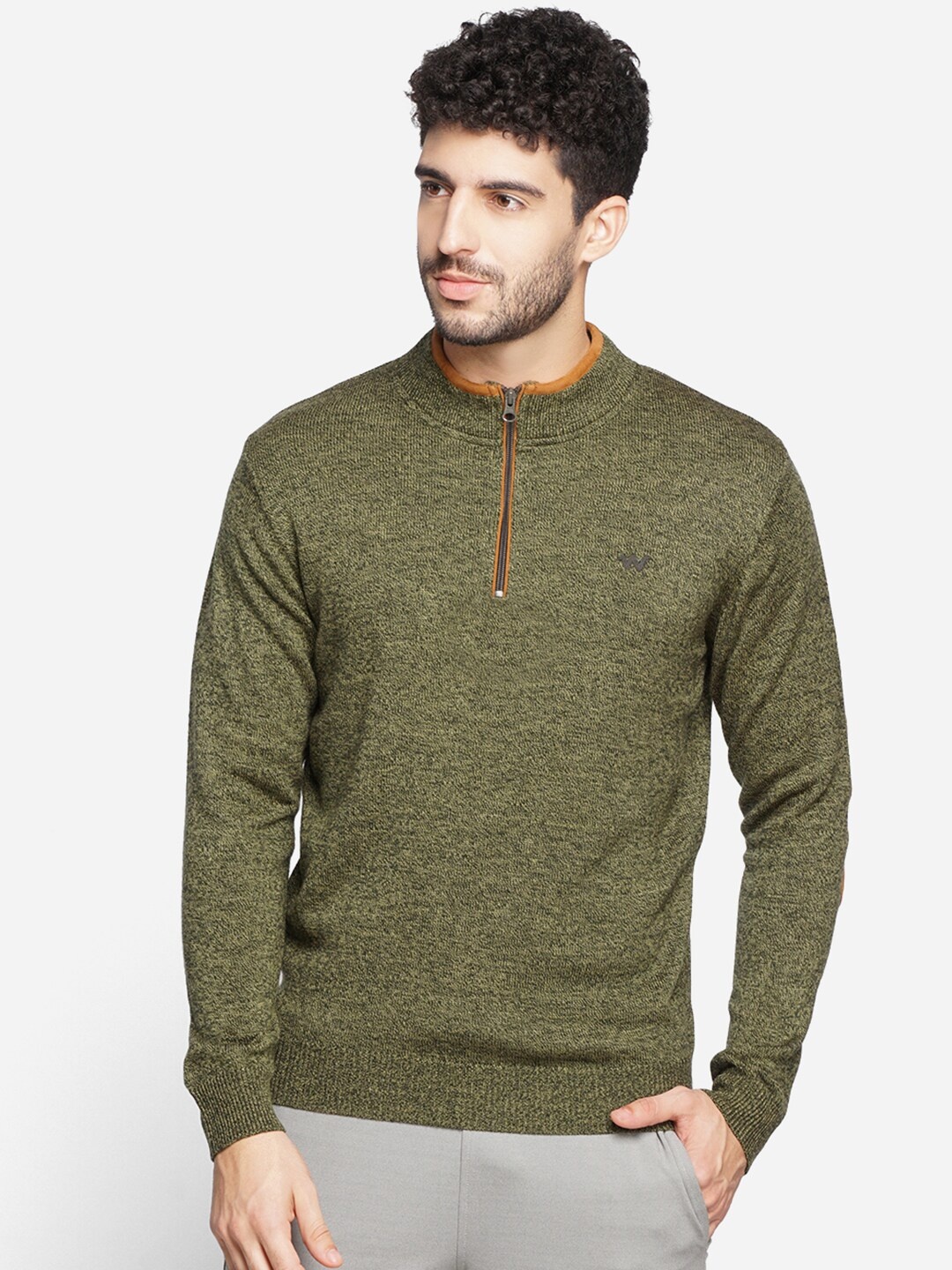 

Wildcraft Men Olive Green & Brown Half Zip Acrylic Sweater