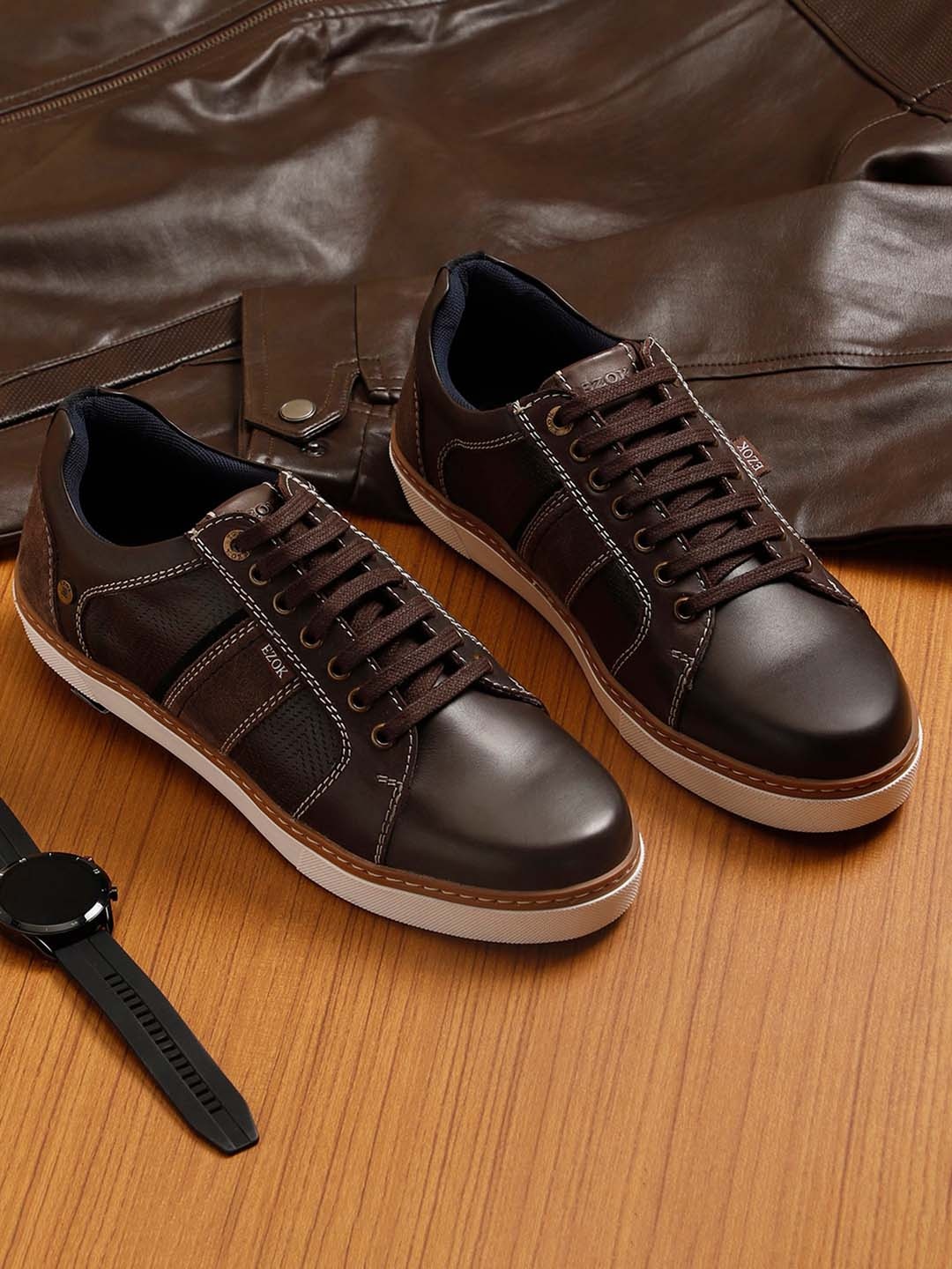 

EZOK Men Brown Leather Sneakers