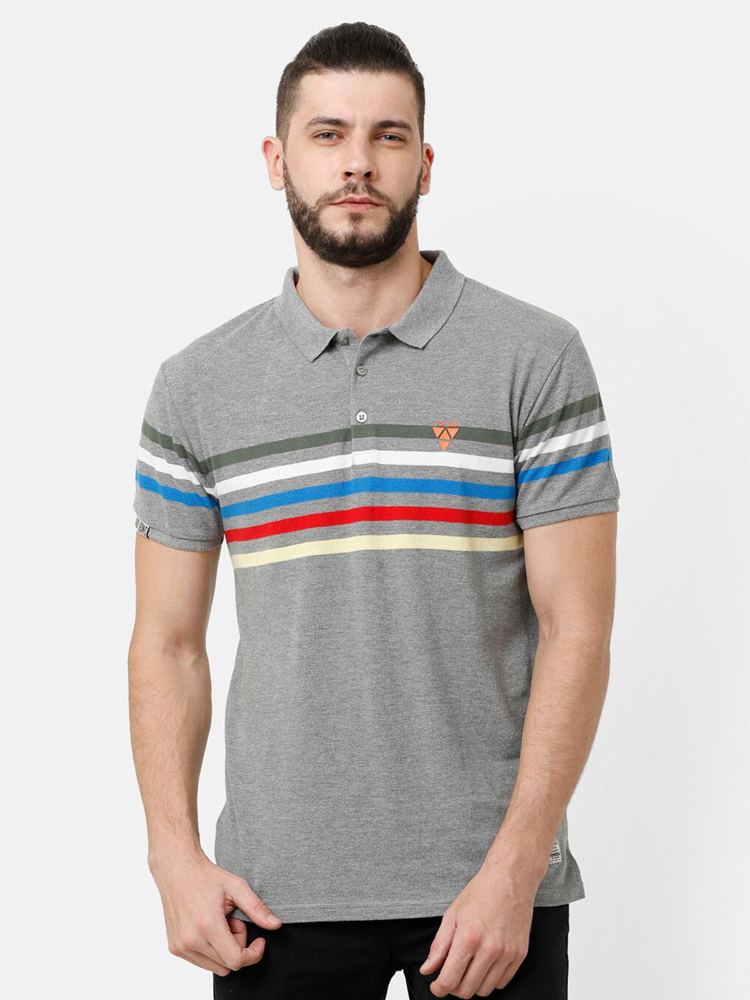 

Voi Jeans Men Grey Melange Printed Polo Collar Cotton T-shirt