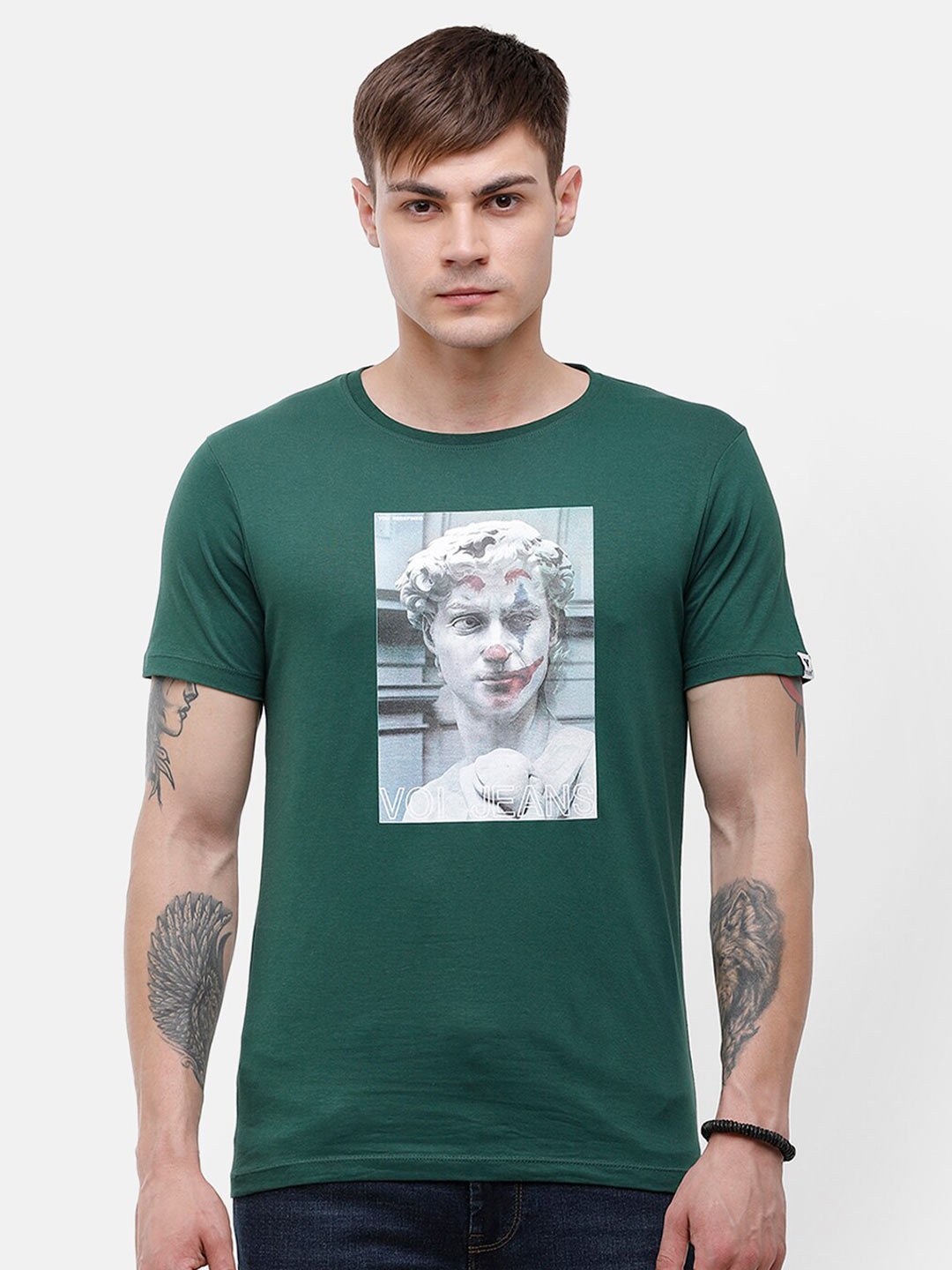 

Voi Jeans Men Green Printed Slim Fit Cotton T-shirt