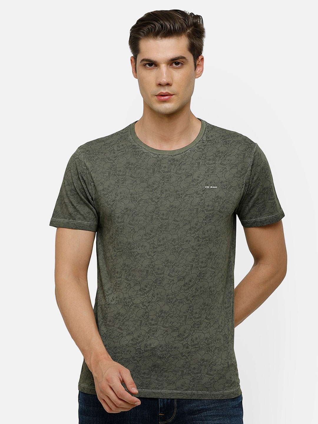 

Voi Jeans Men Olive Green Printed Cotton T-shirt