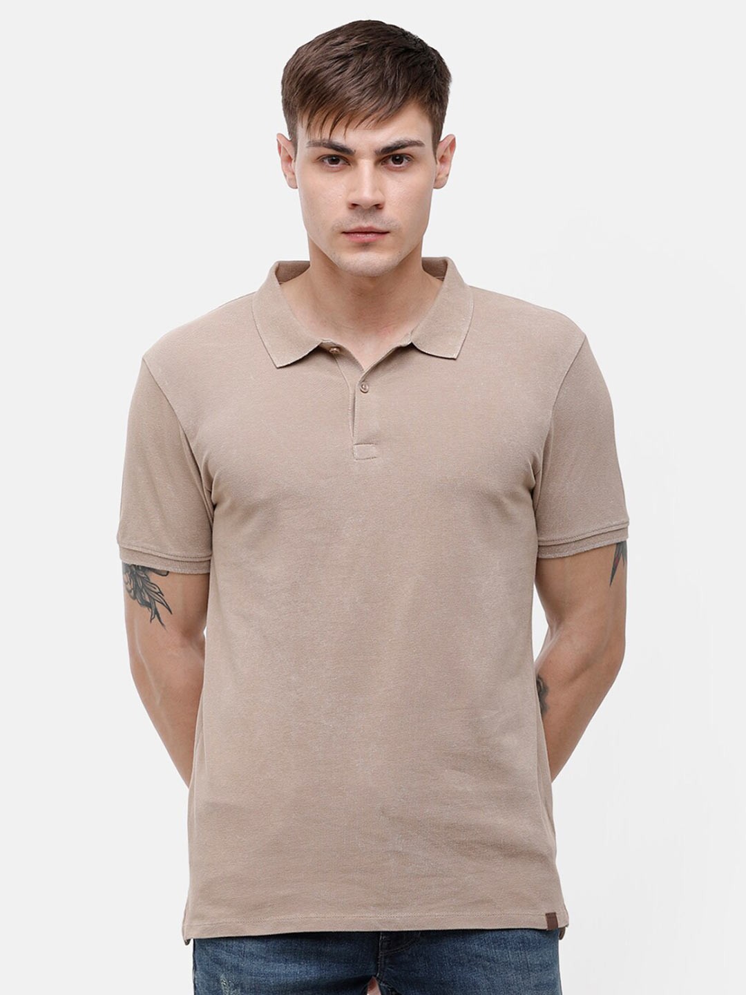 

Voi Jeans Men Beige Solid Polo Collar Cotton T-shirt