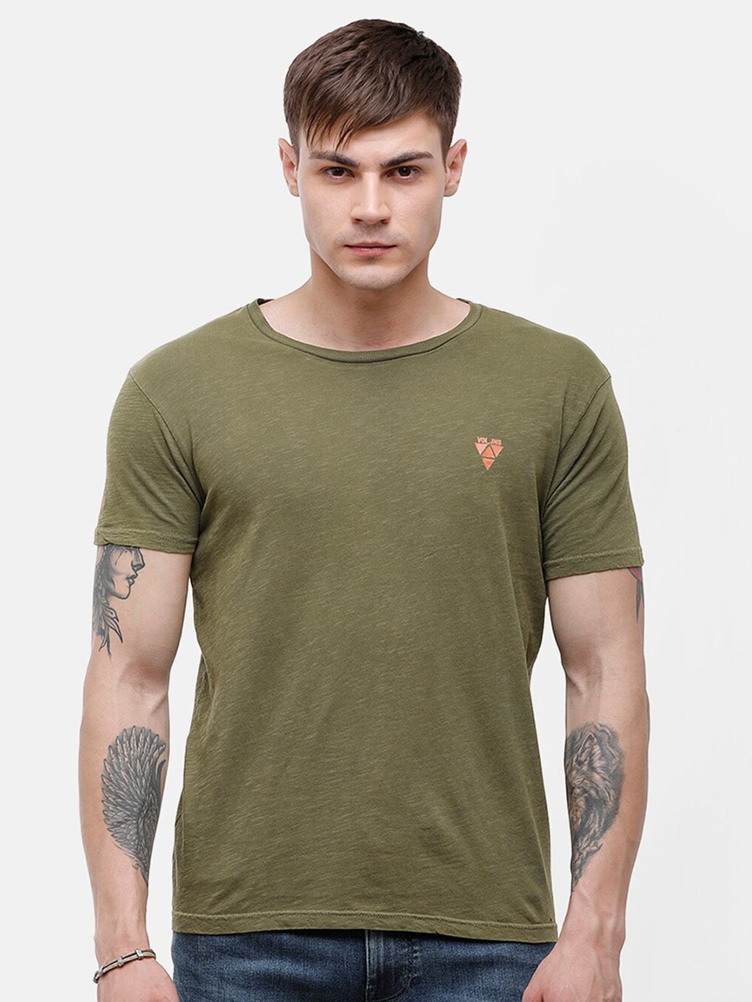 

Voi Jeans Men Olive Green Solid Cotton Slim Fit T-shirt