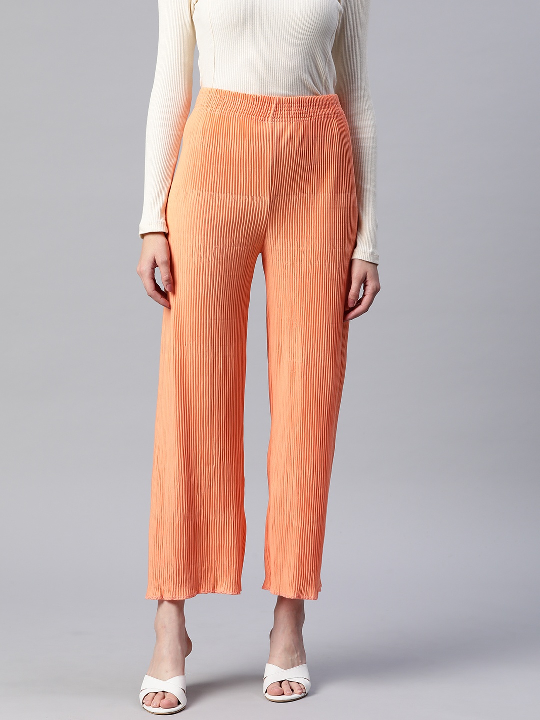 

Readiprint Fashions Women Pleated High-Rise Flared Palazzos, Peach