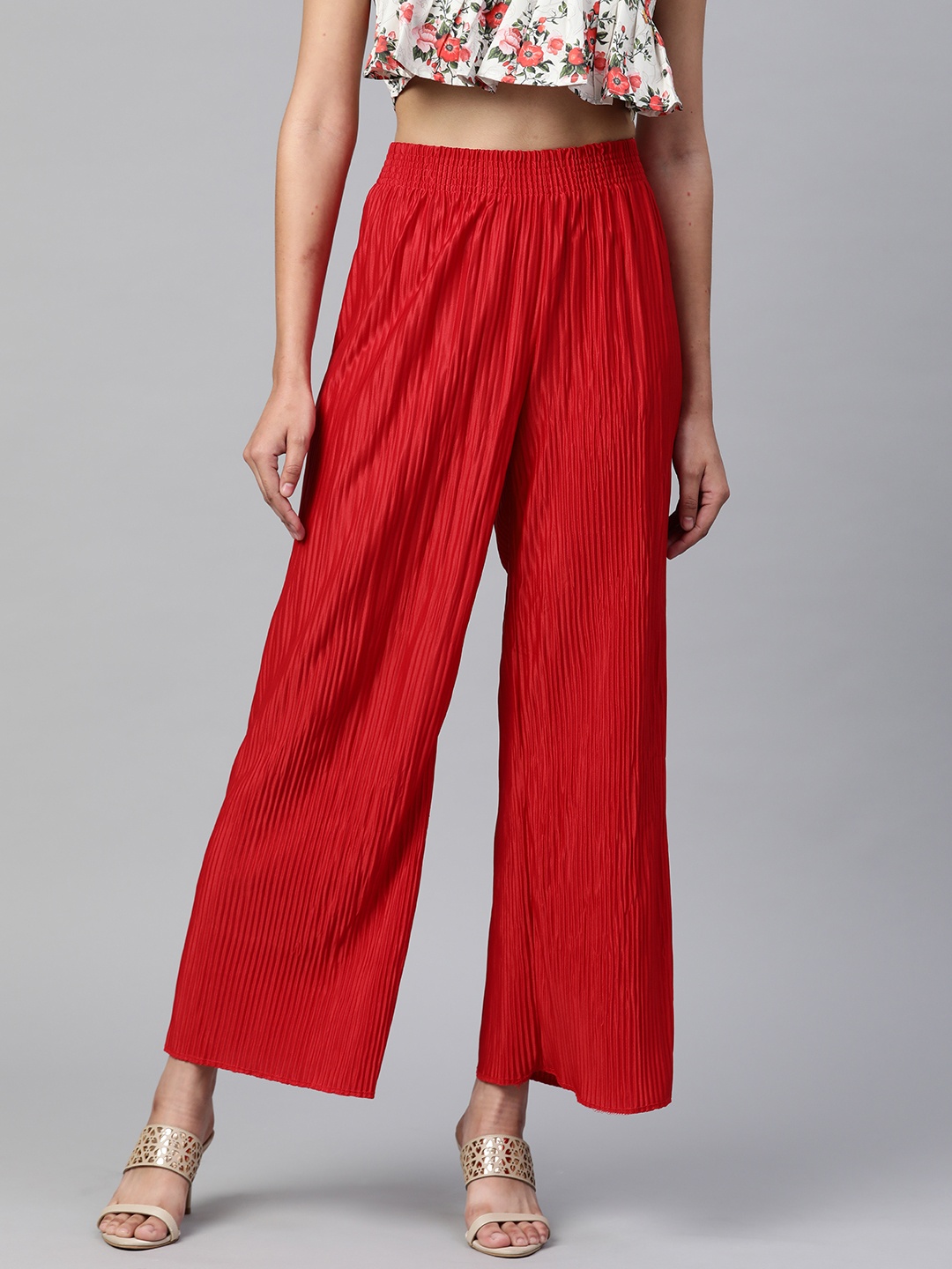 

Readiprint Fashions Women Red Flared High-Rise Pleated Flared Palazzos