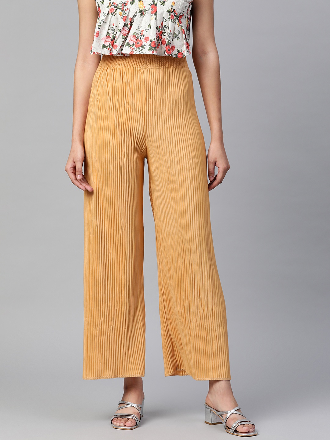 

Readiprint Fashions Women Gold-Toned Pleated Flared Palazzos