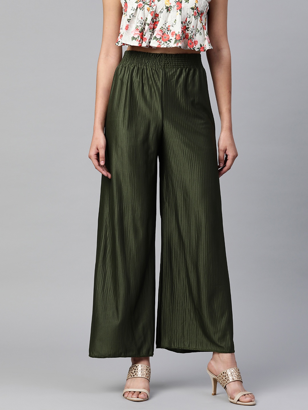 

Readiprint Fashions Women Olive Green Pleated Flared Palazzos