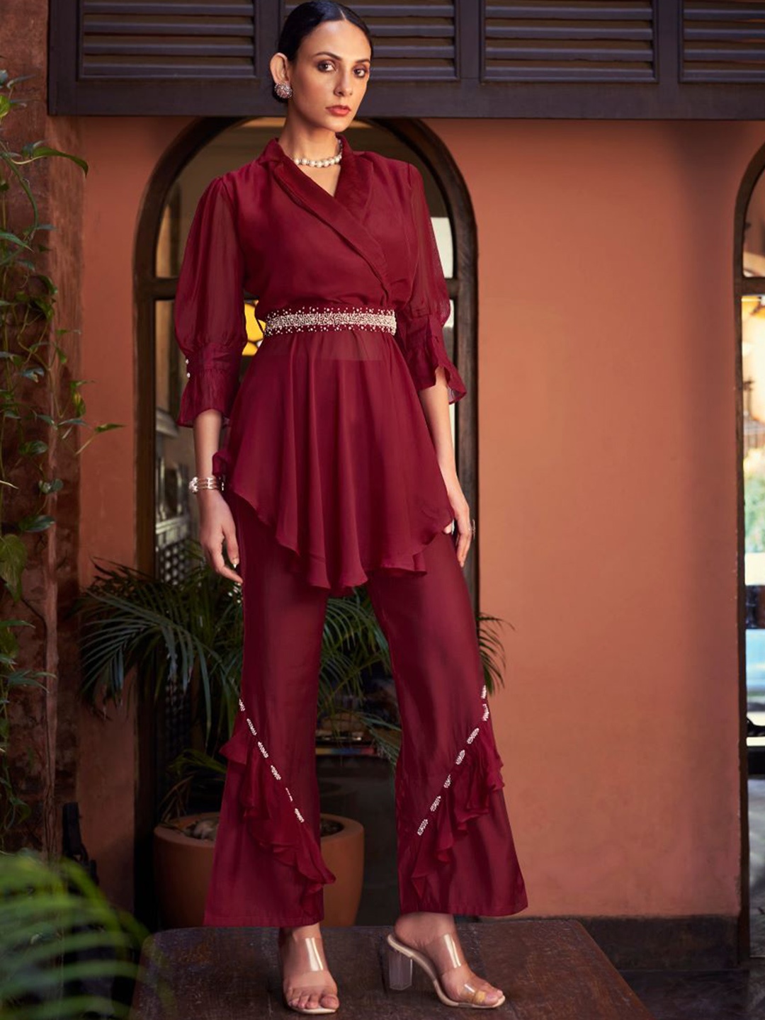 

AUTUMN LANE Women Maroon Solid Organza Puffed Sleeves Kurta with Trousers