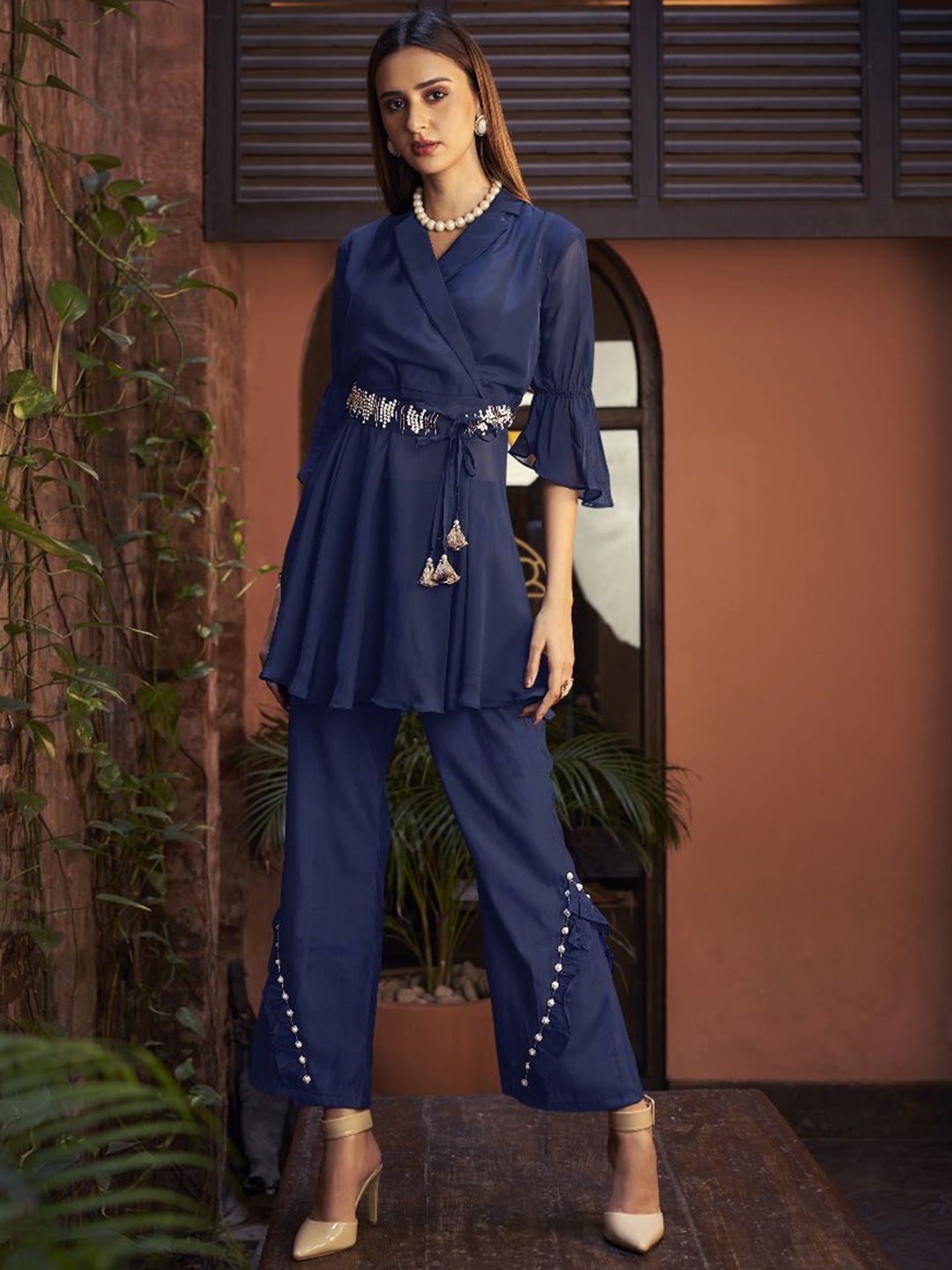

AUTUMN LANE Women Navy Blue Solid Organza Kurta with Trousers