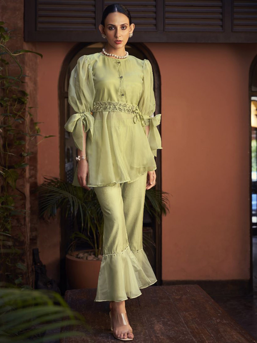 

AUTUMN LANE Women Green Solid Organza Puffed Sleeves Top with Sharara