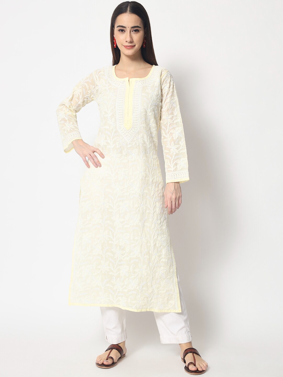 

PARAMOUNT CHIKAN Women Lime Green Ethnic Motifs Embroidered Chikankari Straight Kurta