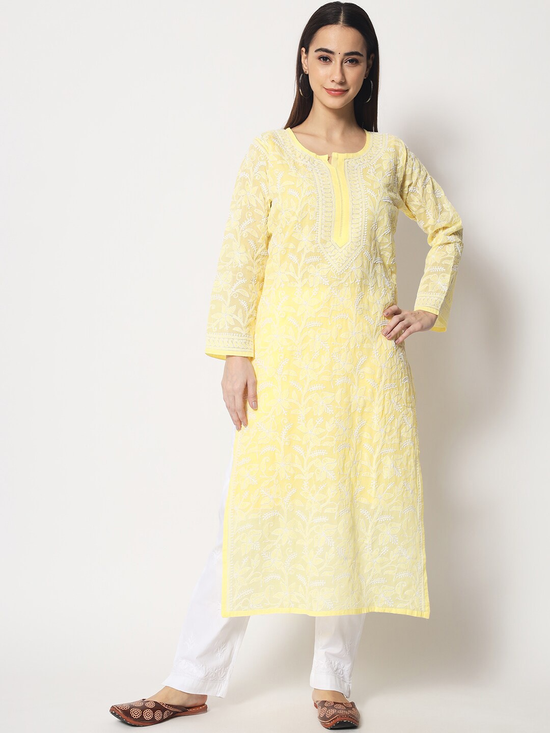 

PARAMOUNT CHIKAN Women Yellow Chikankari Hand Embroidered Cotton straight kurta
