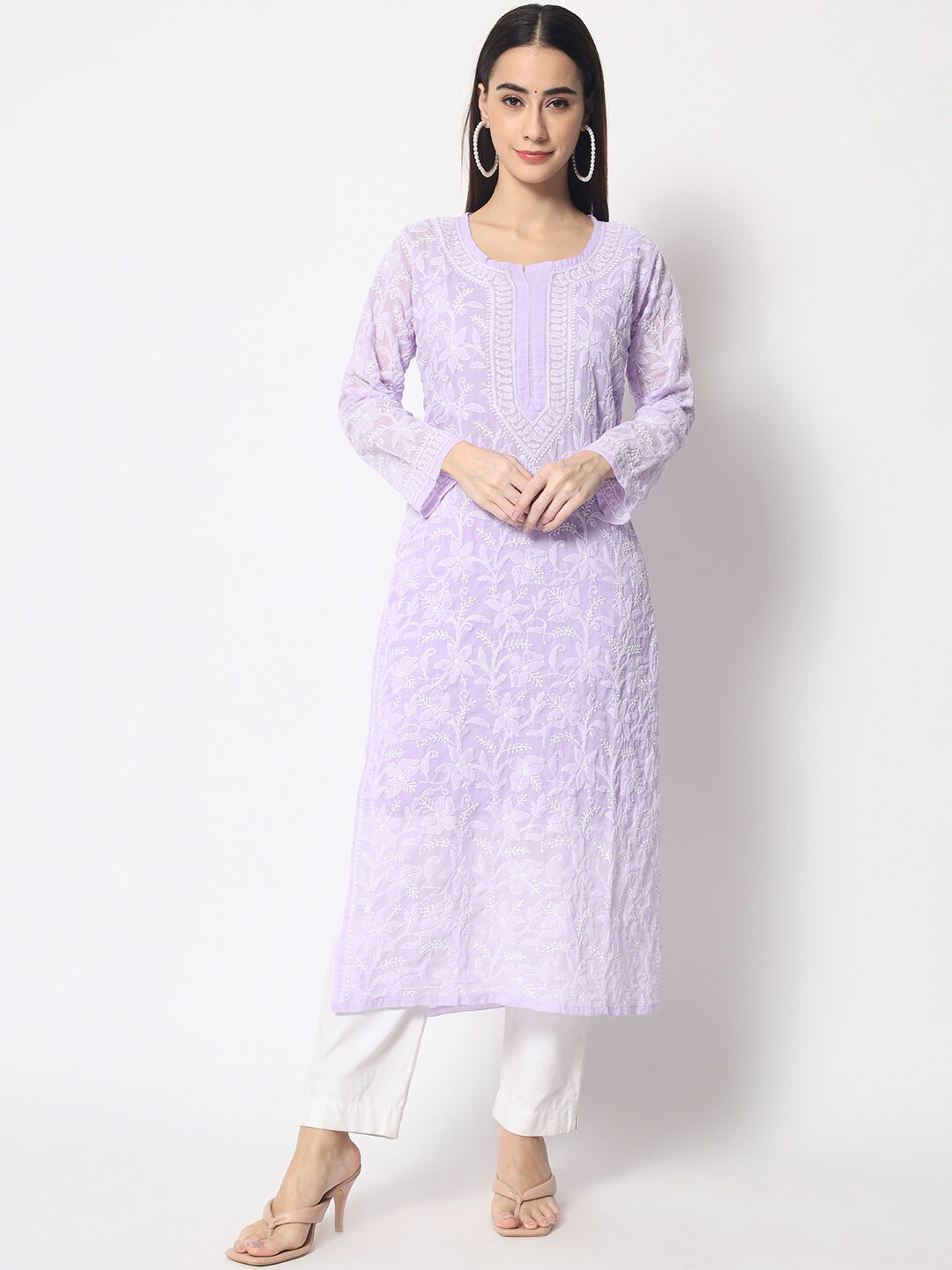 

PARAMOUNT CHIKAN Women Mauve Chikankari Hand Embroidered Cotton straight kurta