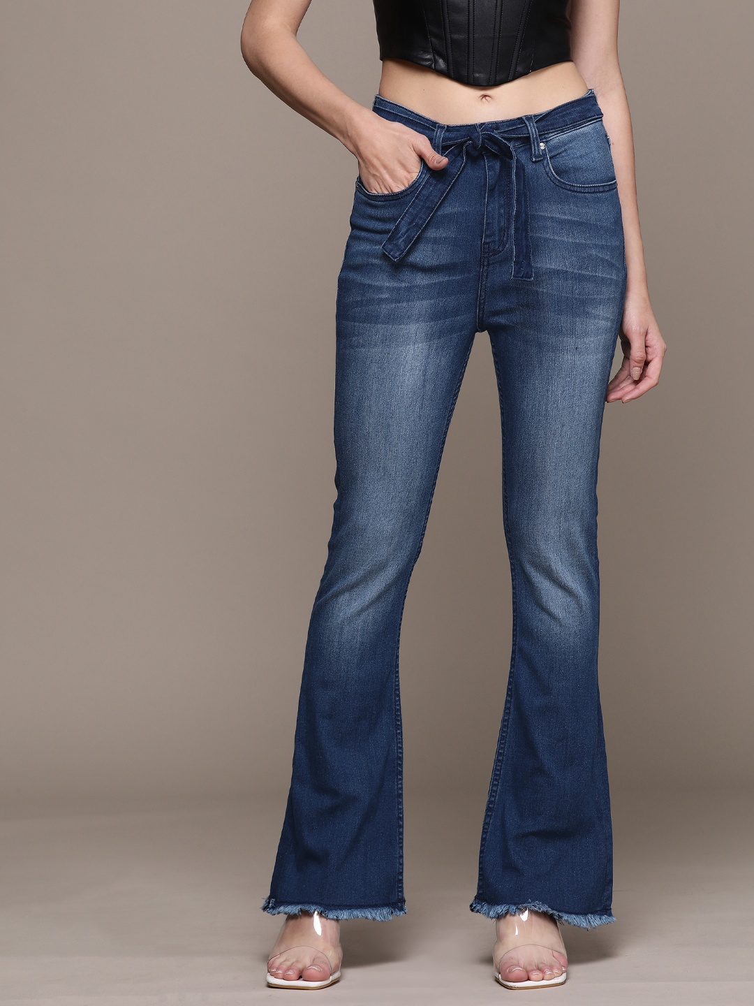 

bebe Denim Daze Bootcut Jeans With Tie-Up Belt, Navy blue