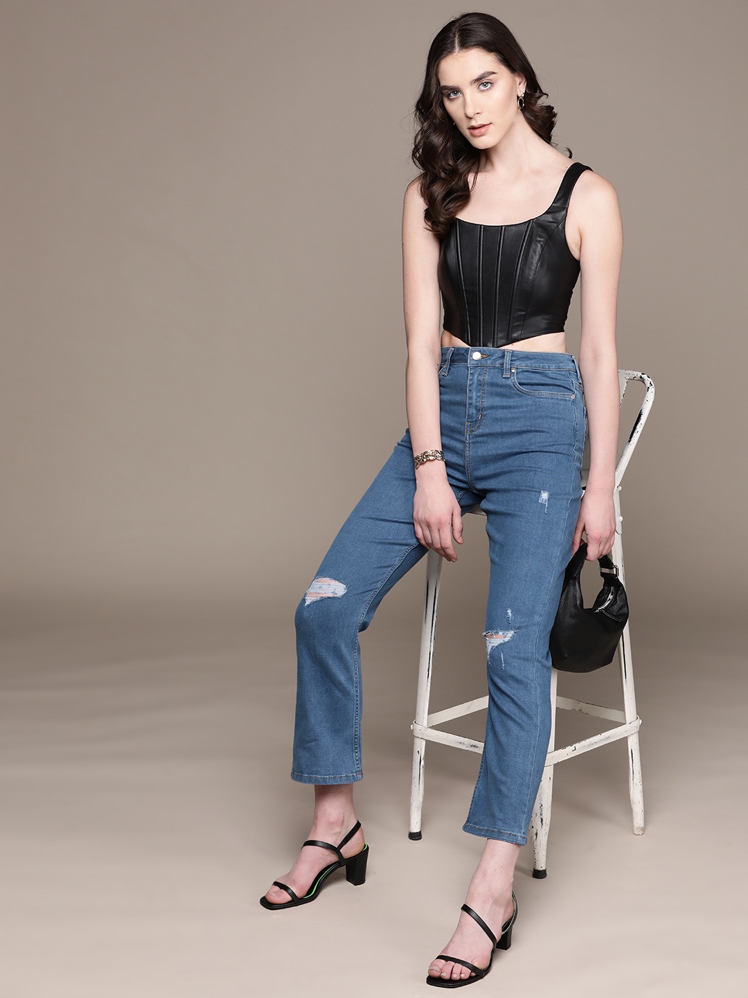 

bebe Women Navy Blue Denim-Daze Straight Fit High-Rise Mildly Distressed Jeans