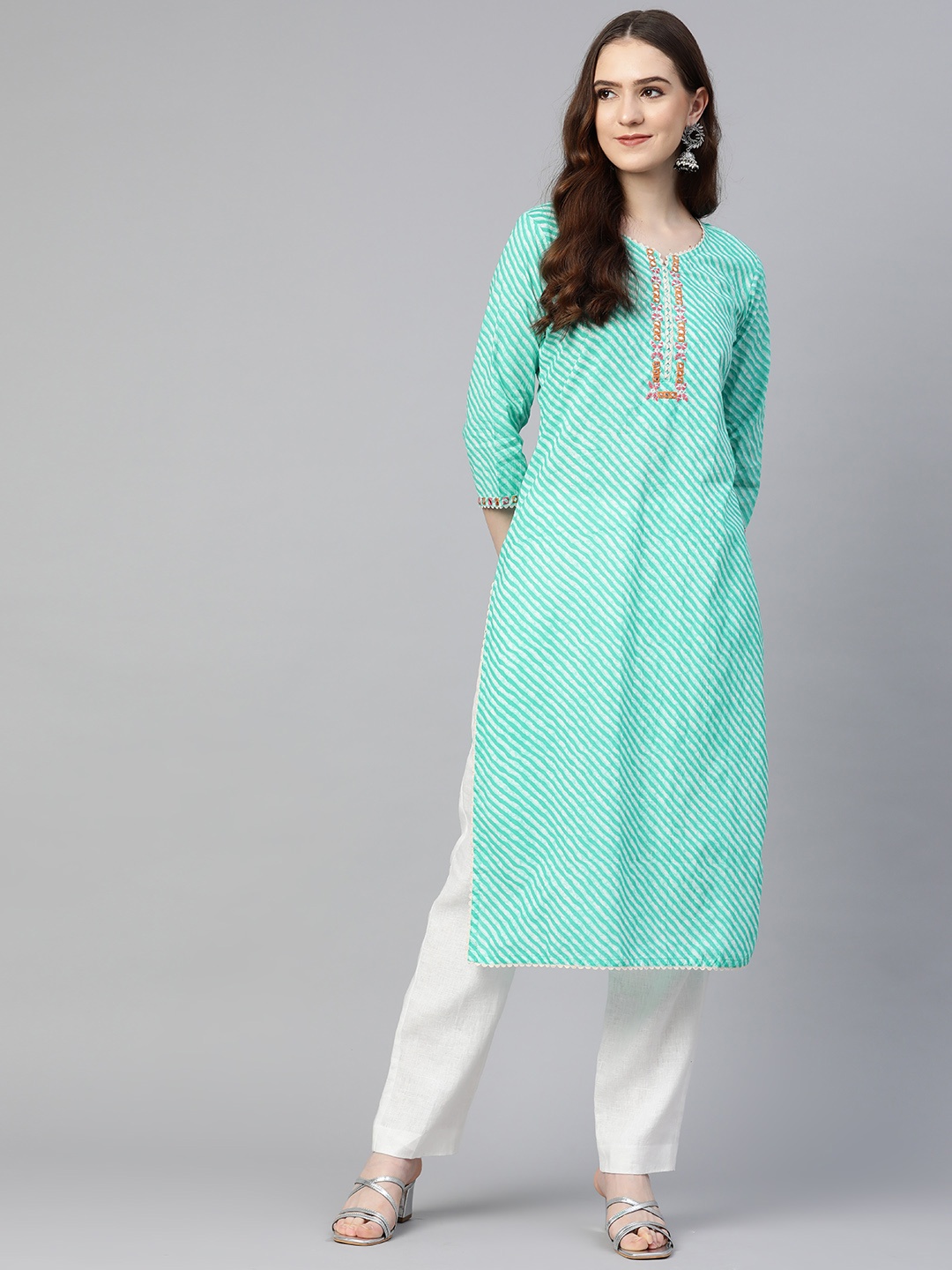 

Readiprint Women Sea Green Pure Cotton Leheriya Embroidered Thread Work Kurta