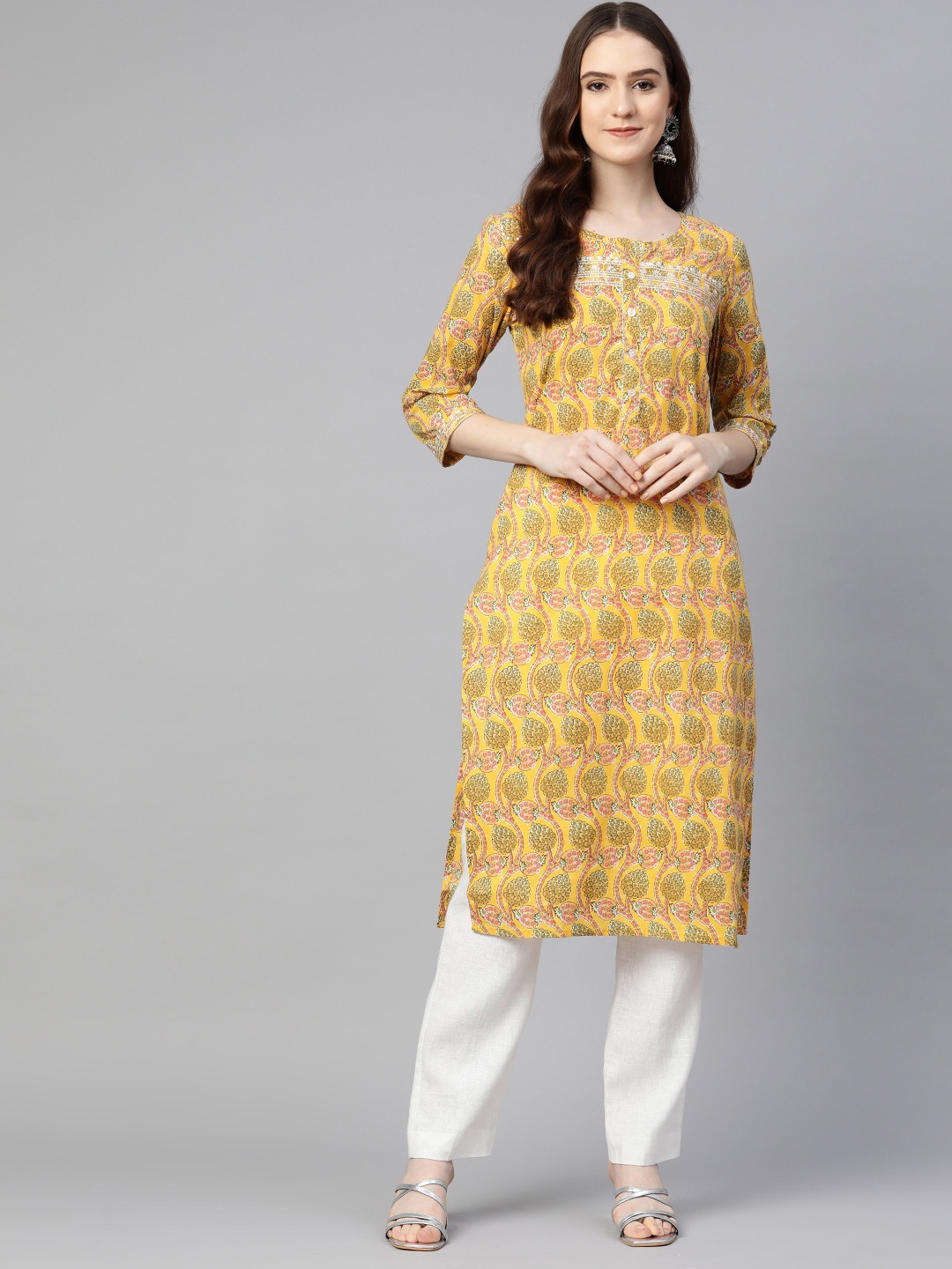 

Readiprint Fashions Women Yellow Pure Cotton Floral Embroidered Thread Work Floral Kurta