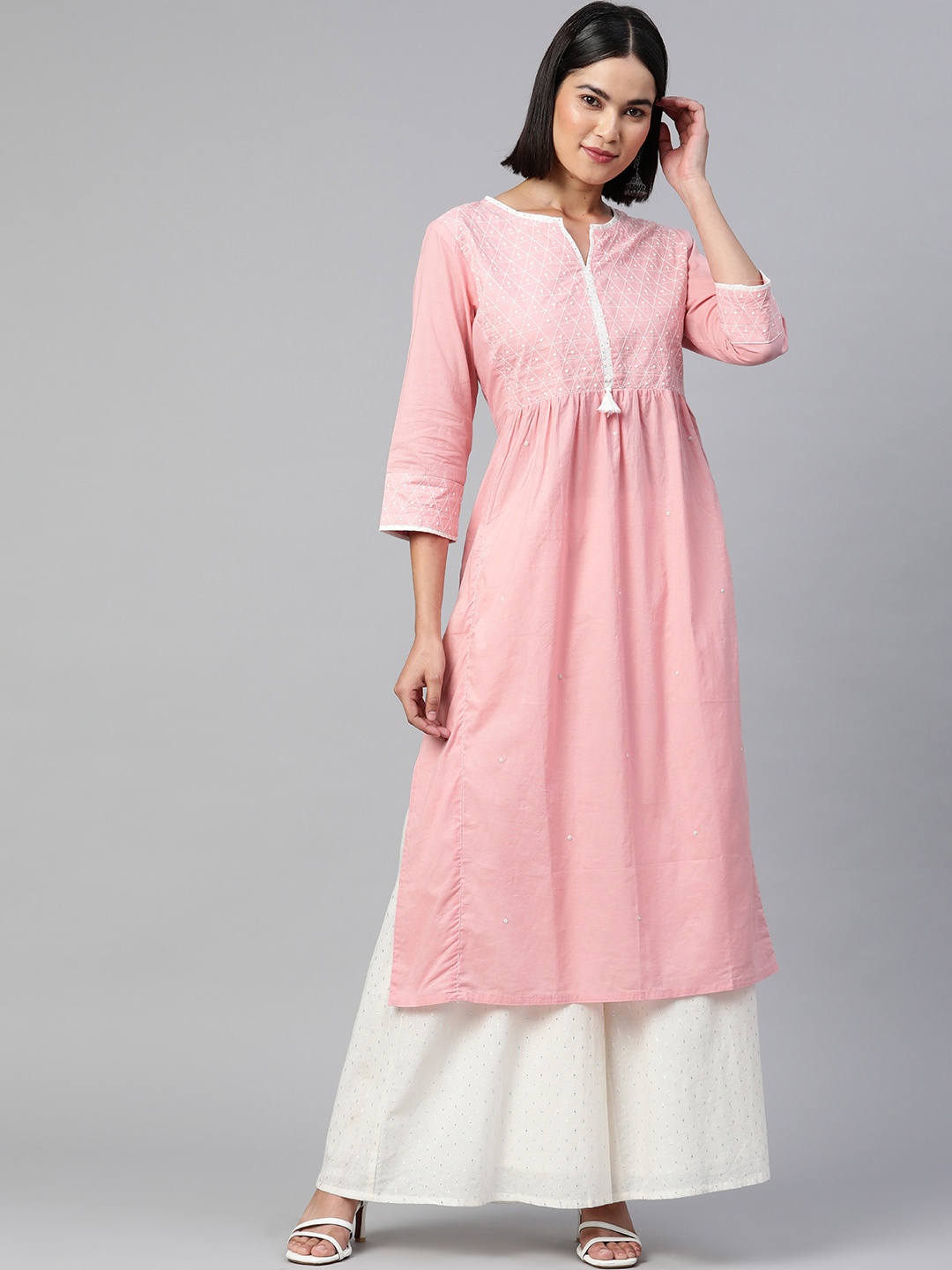 

Readiprint Fashions Women Pink Pure Cotton Geometric Embroidered Thread Work Kurta