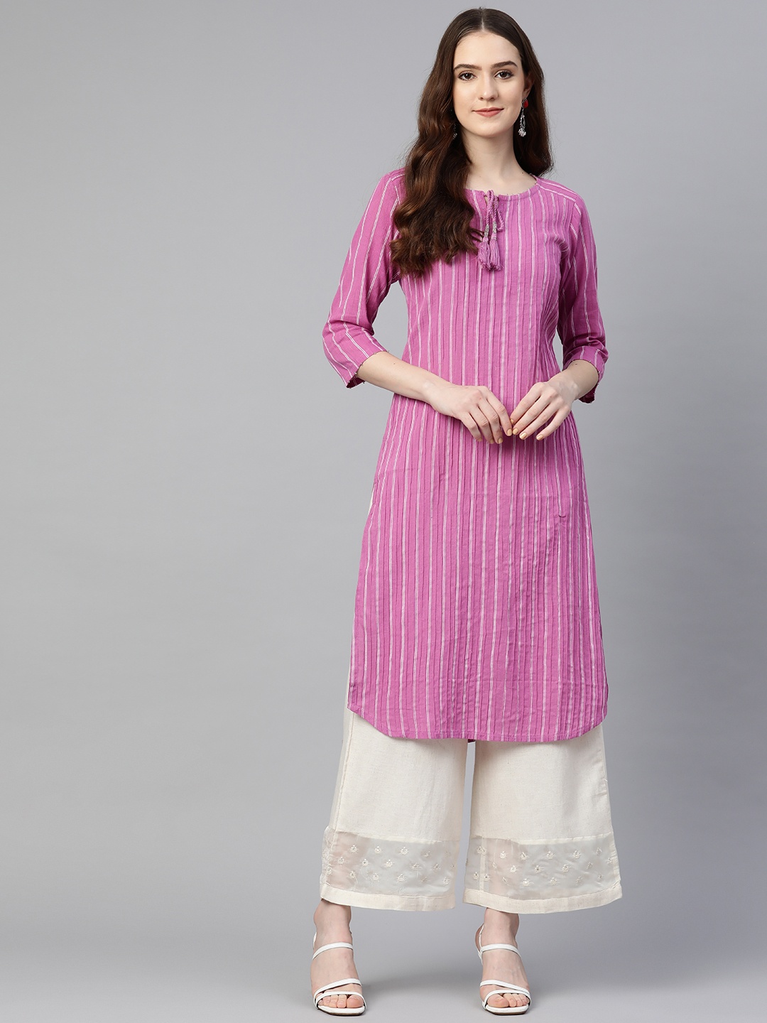 Readiprint Women Purple & White Cotton Striped Kurta