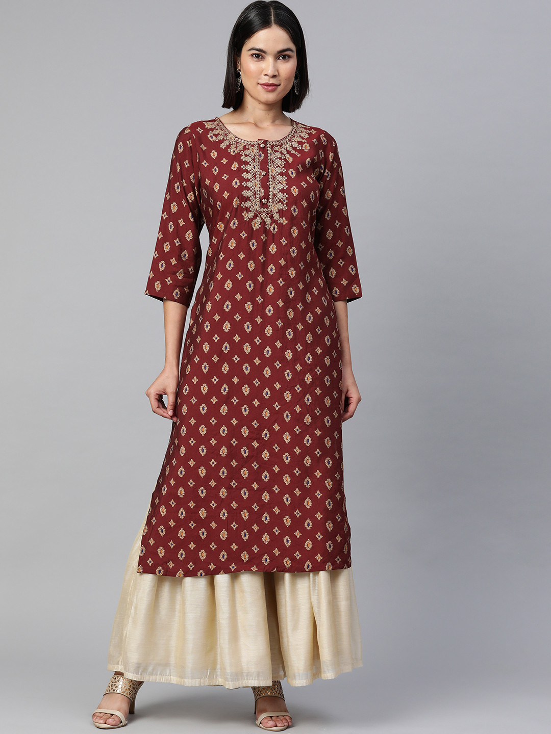 

Readiprint Fashions Women Maroon & Beige Pure Cotton Floral Embroidered Thread Work Kurta
