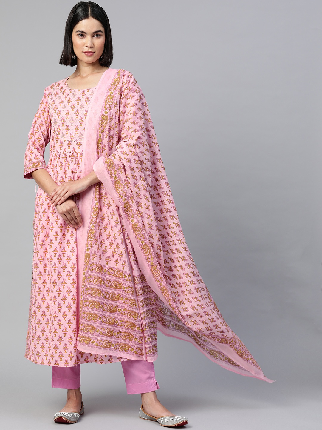 

Readiprint Women Pink & Yellow Pure Cotton Floral Embroidered Kurta