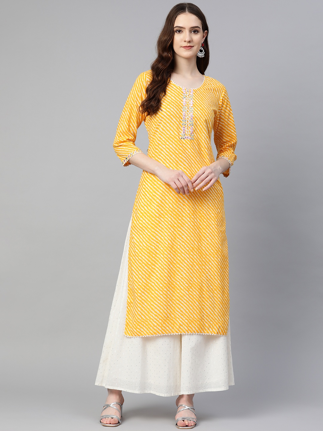 

Readiprint Women Yellow Pure Cotton Leheriya Embroidered Thread Work Kurta
