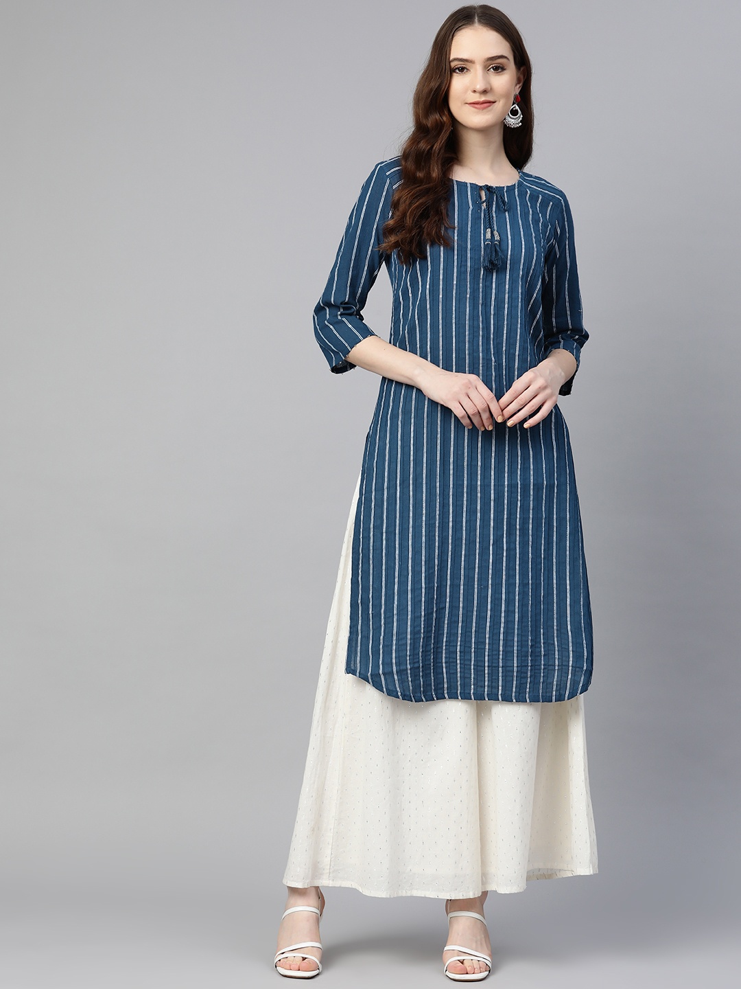 

Readiprint Fashions Women Navy Blue Pure Cotton Striped Kurta