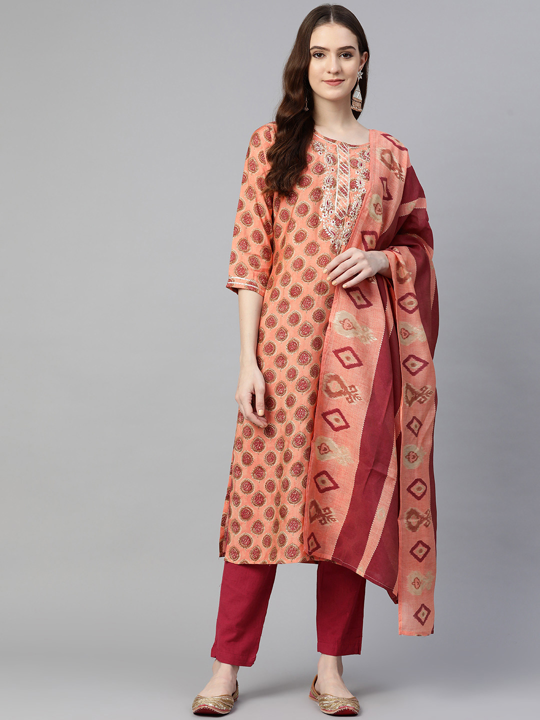 

Readiprint Fashions Women Peach-Coloured Ethnic Motifs Printed Gotta Patti Pure Cotton Kurta with Trousers &
