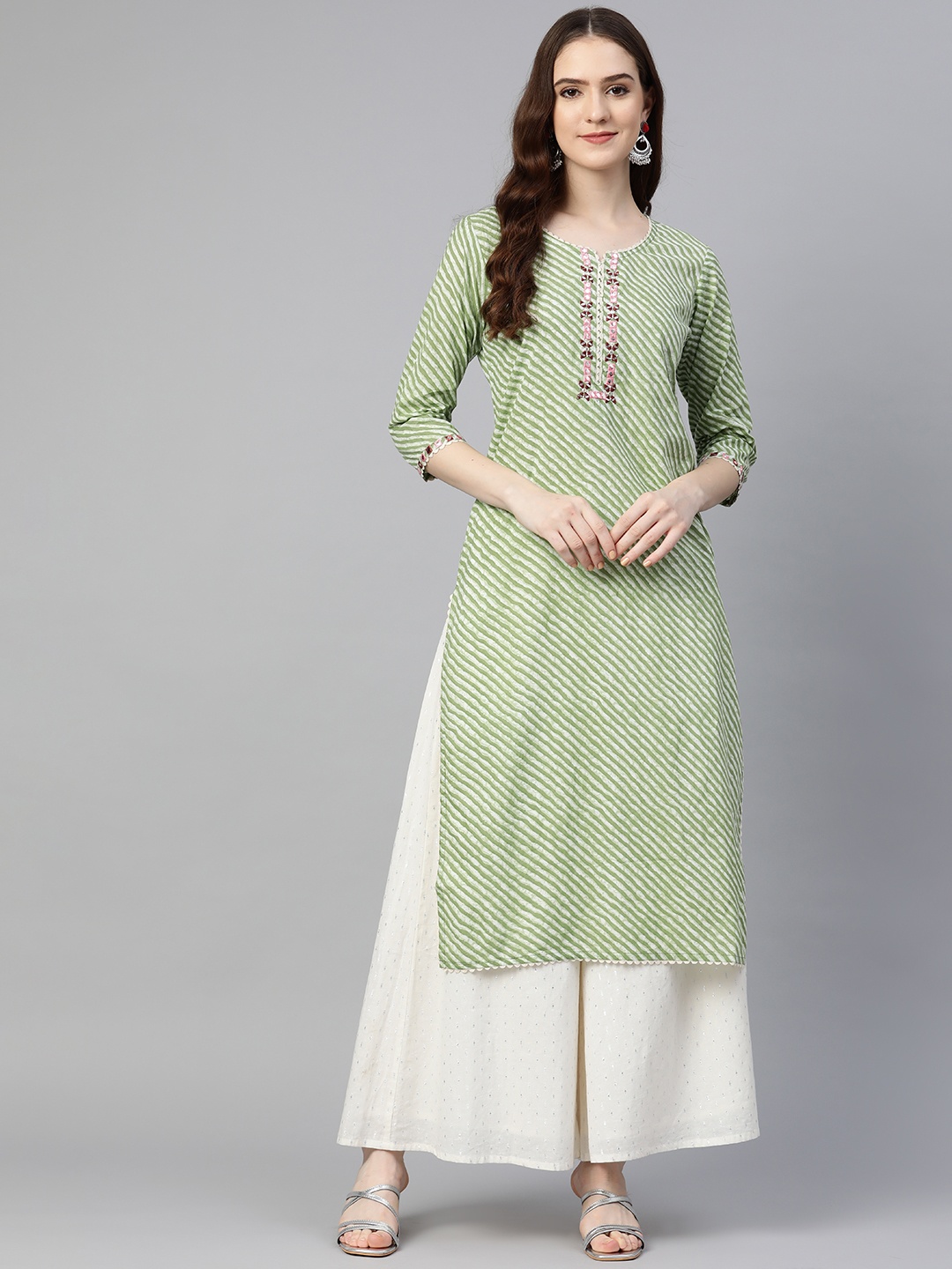 Readiprint Fashions Women Green Leheriya Embroidered Thread Work Kurta