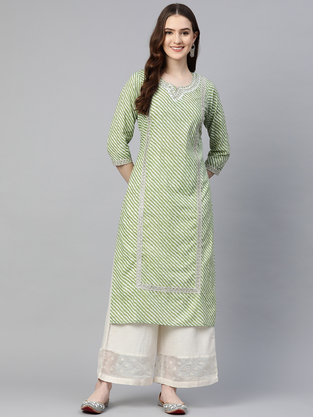 

Readiprint Fashions Women Green Pure Cotton Leheriya Embroidered Thread Work Kurta