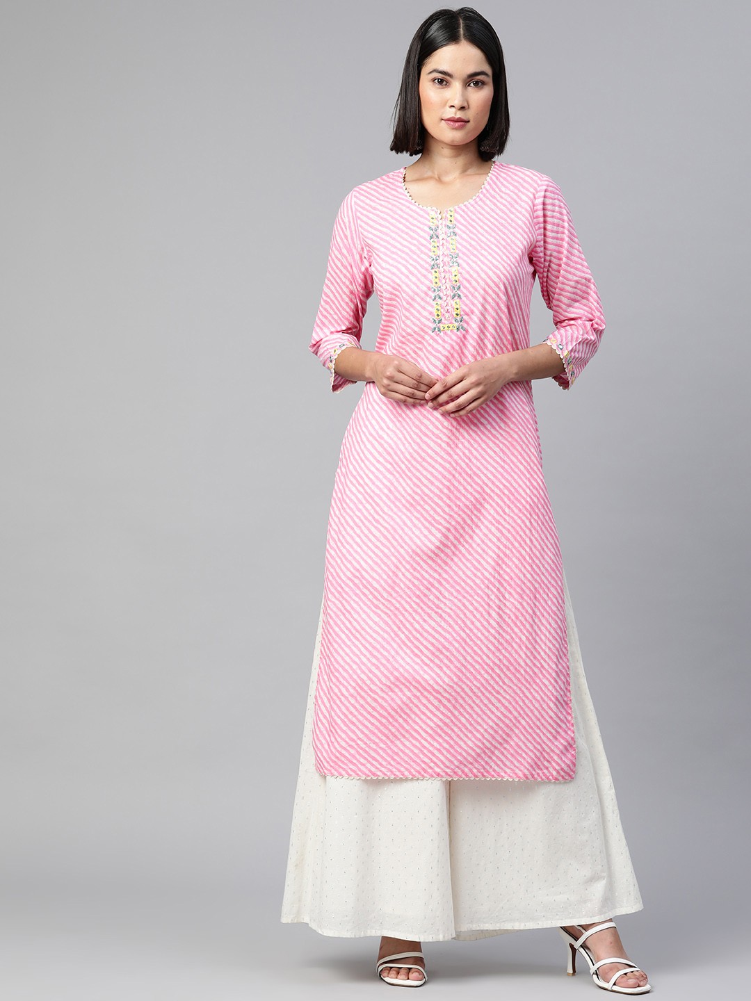 

Readiprint Fashions Women Pink & White Pure Cotton Leheriya Embroidered Thread Work Kurta