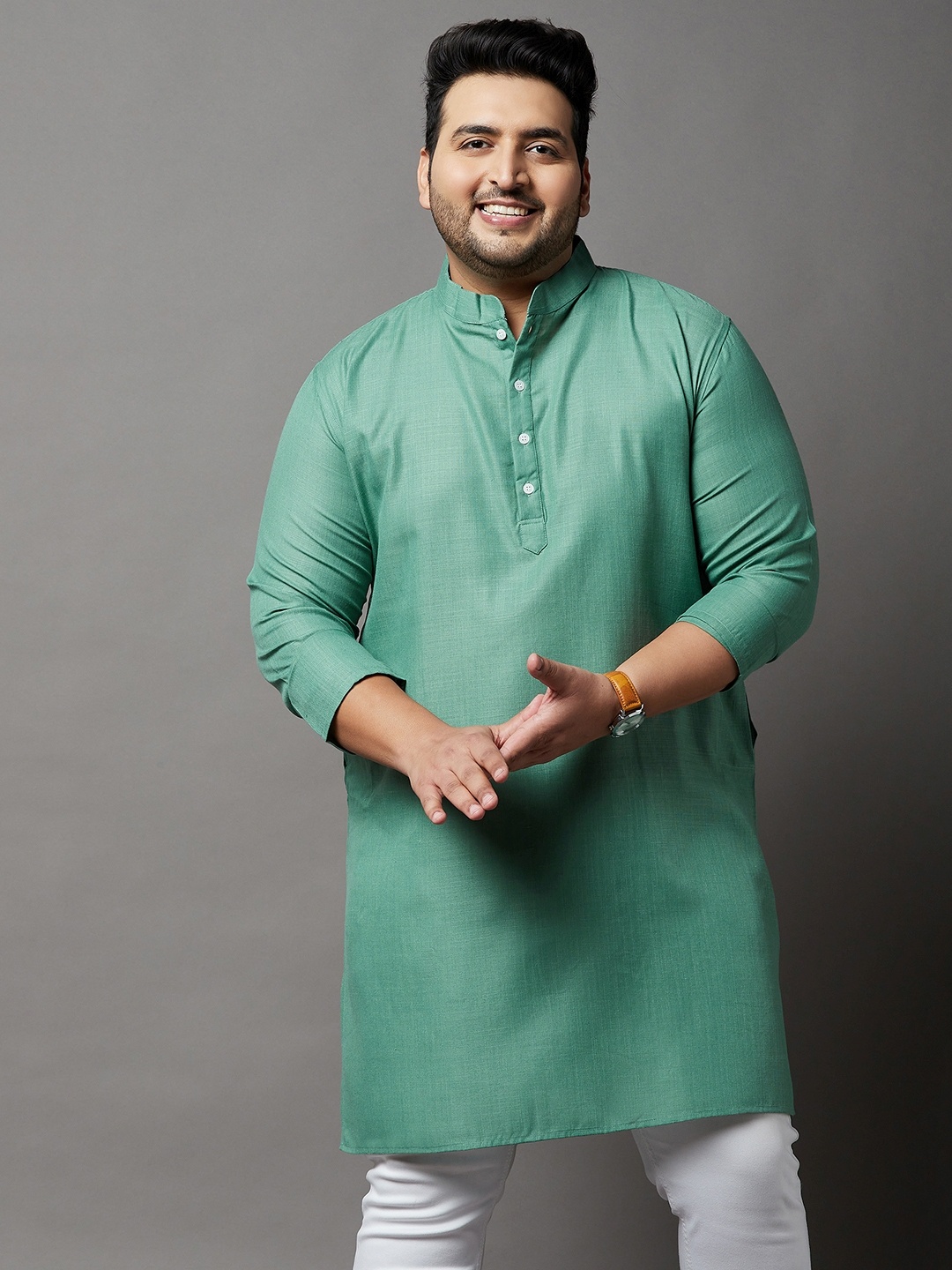 

bigbanana Men Plus Size Solid Kurta, Sea green