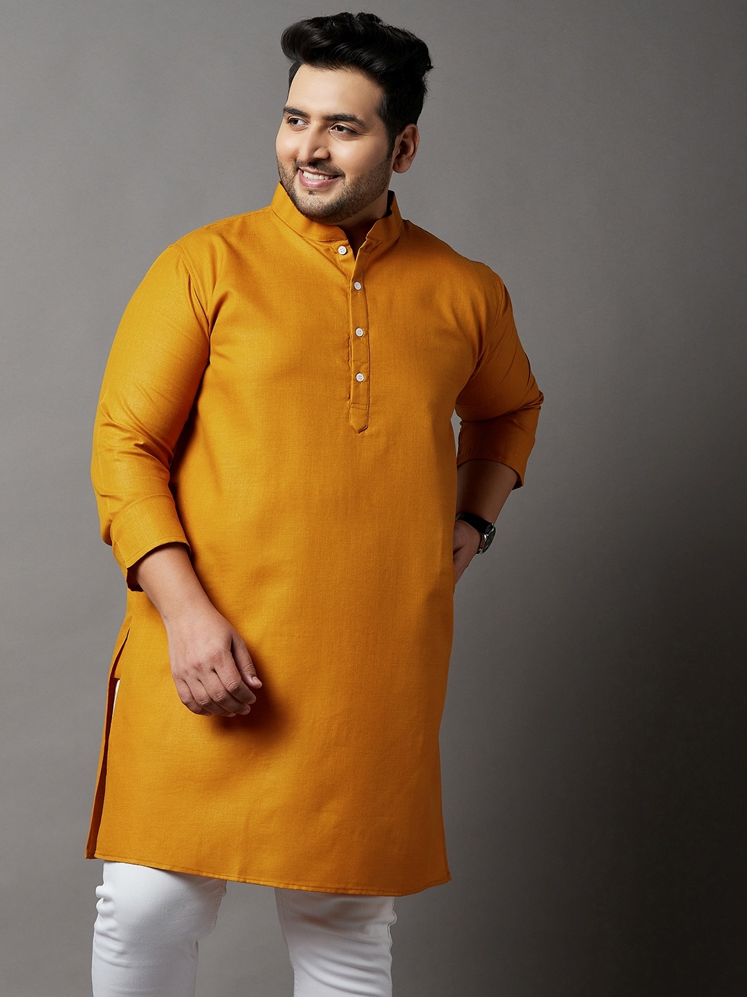 bigbanana Plus Size Mandarin Collar Cotton Kurta, Orange