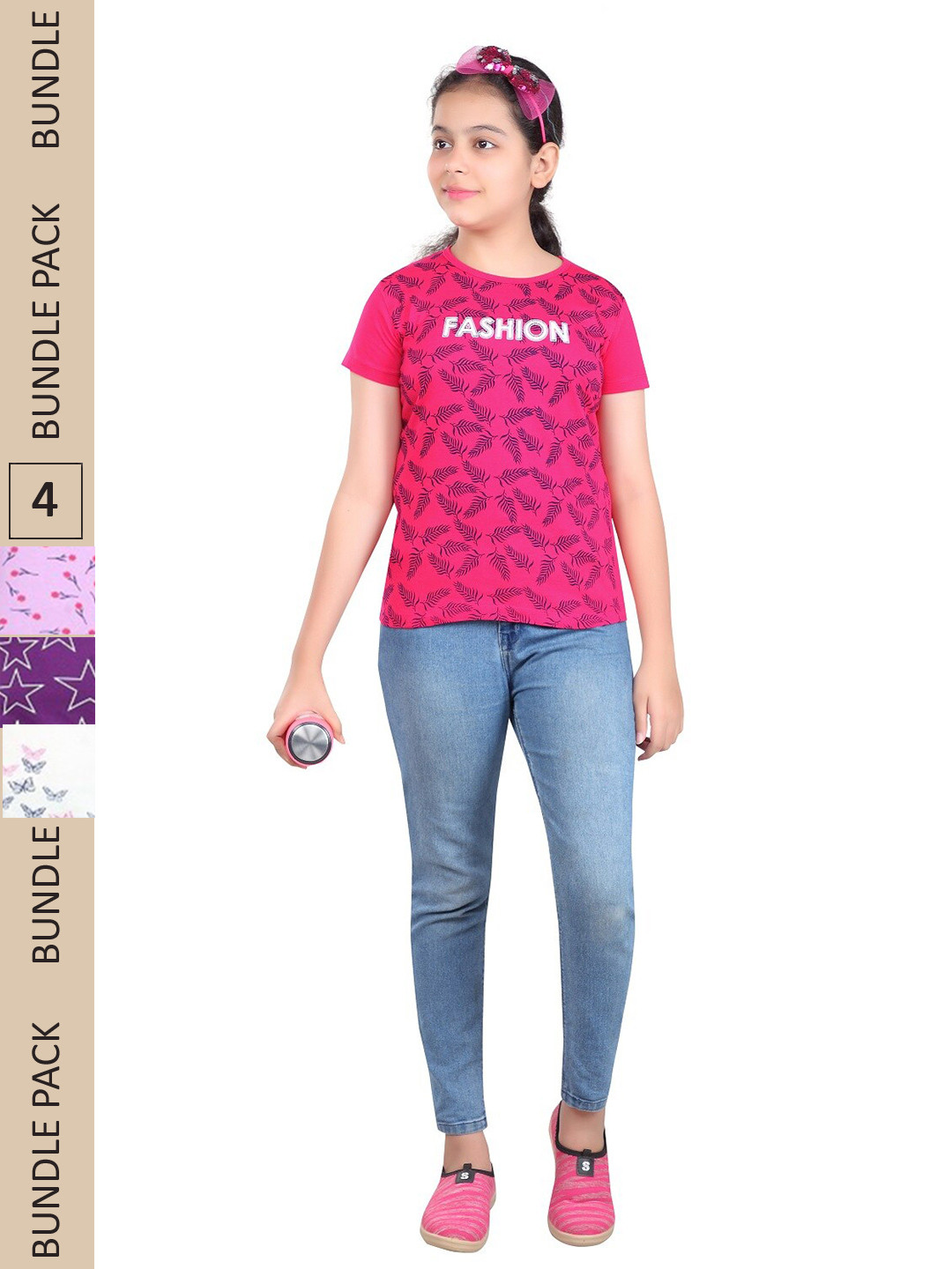 

MIST N FOGG Girls Pack Of 4 Typography Printed Extended Sleeves Cotton T-shirt, Pink