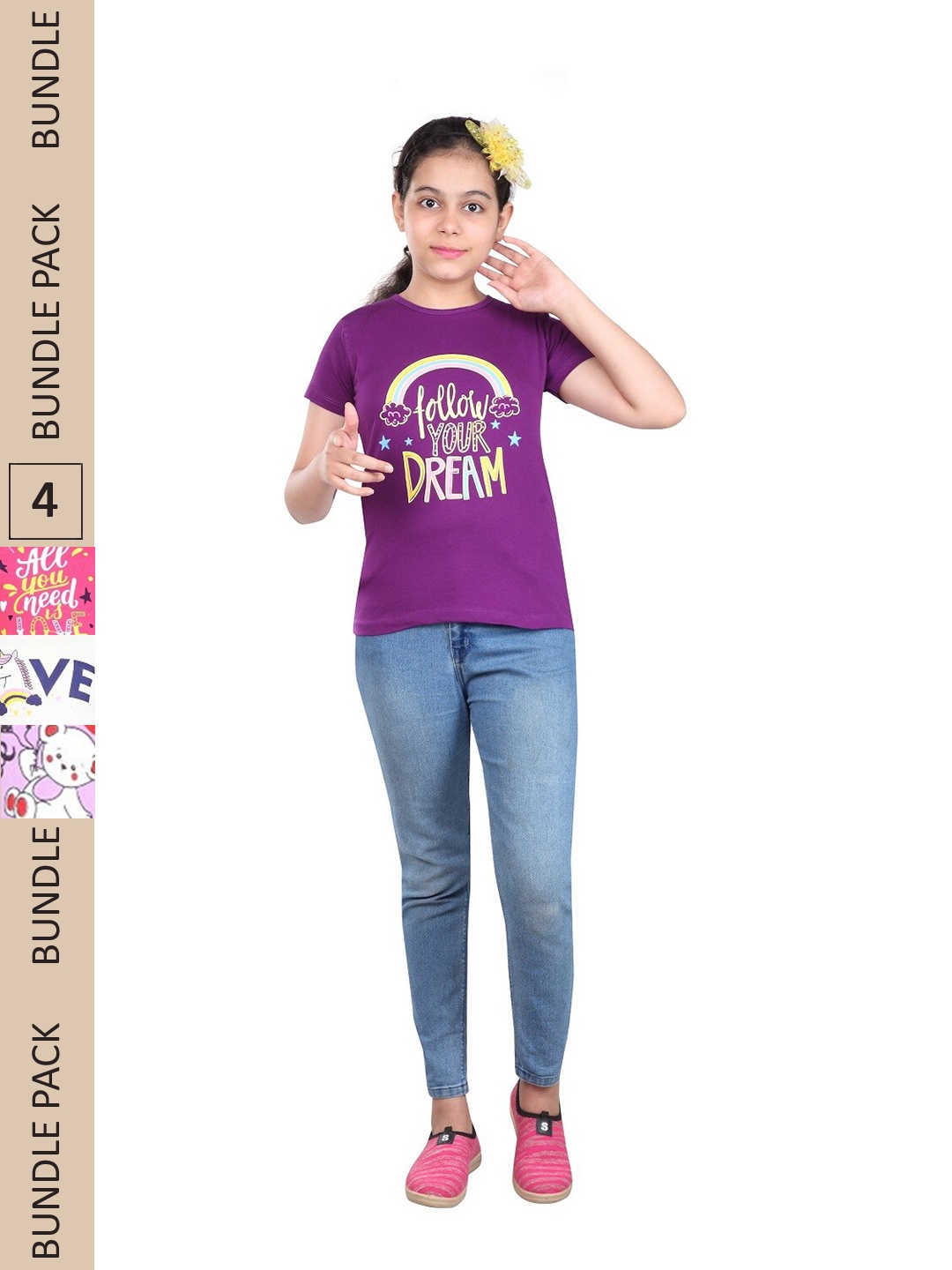 

MIST N FOGG Girls Pack Of 4 Typography Printed Cotton T-shirt, Purple