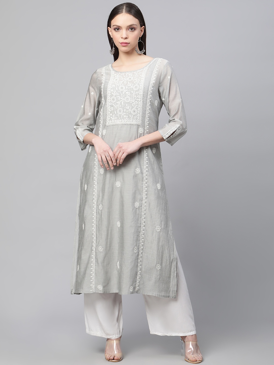 

akheri Women Floral Embroidered Mukaish Kurta, Grey