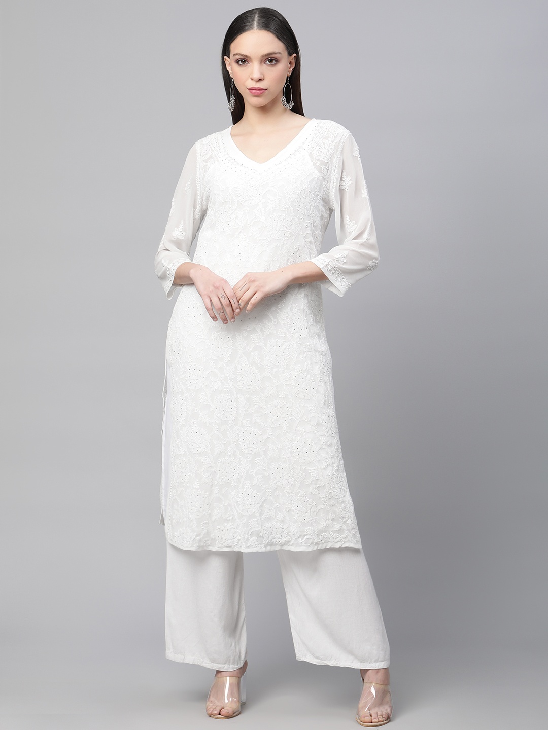 

akheri Women Ethnic Motifs Embroidered Chikankari Georgette Kurta, White