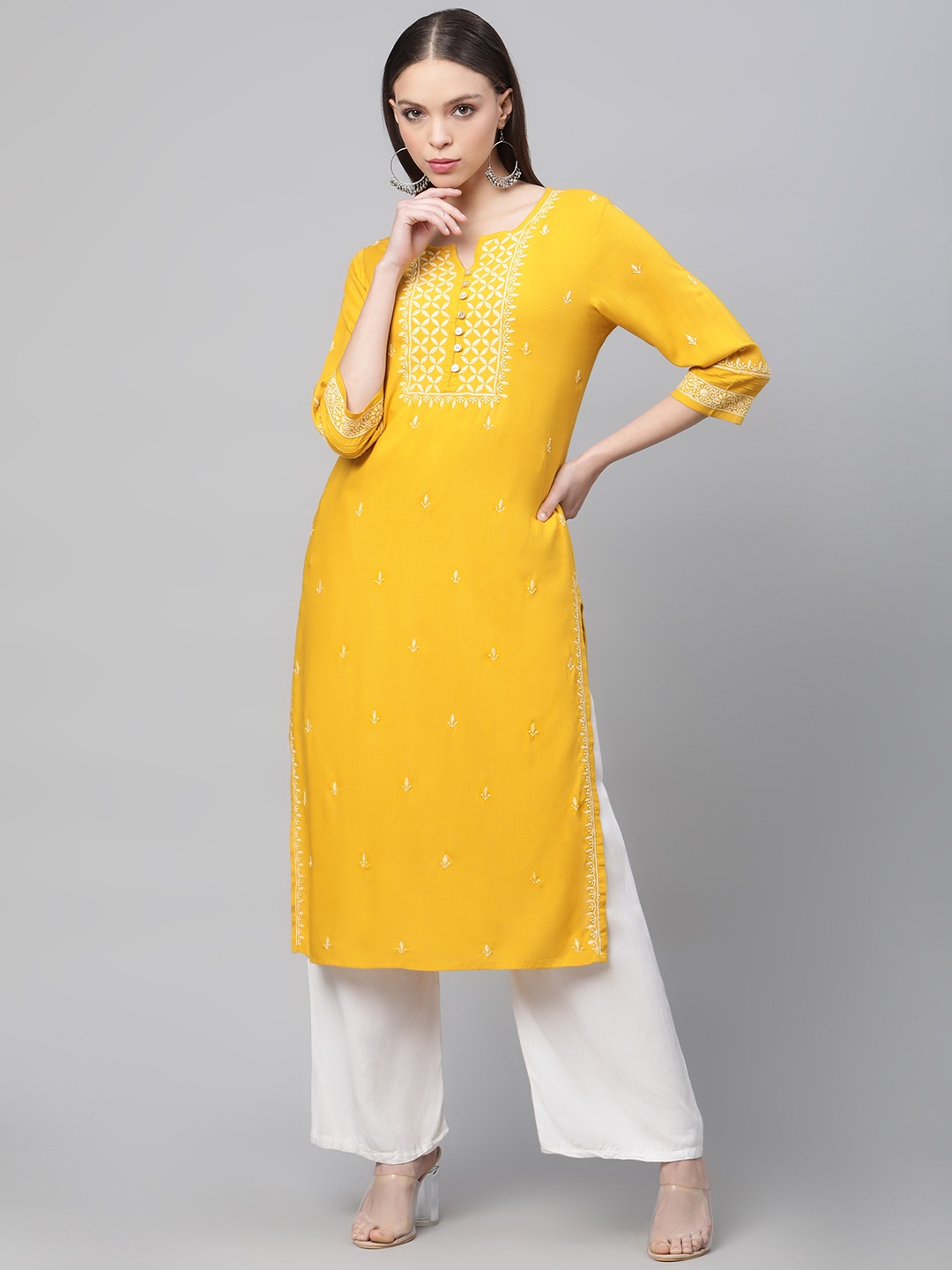 

akheri Women Ethnic Motifs Embroidered Chikankari Kurta, Mustard