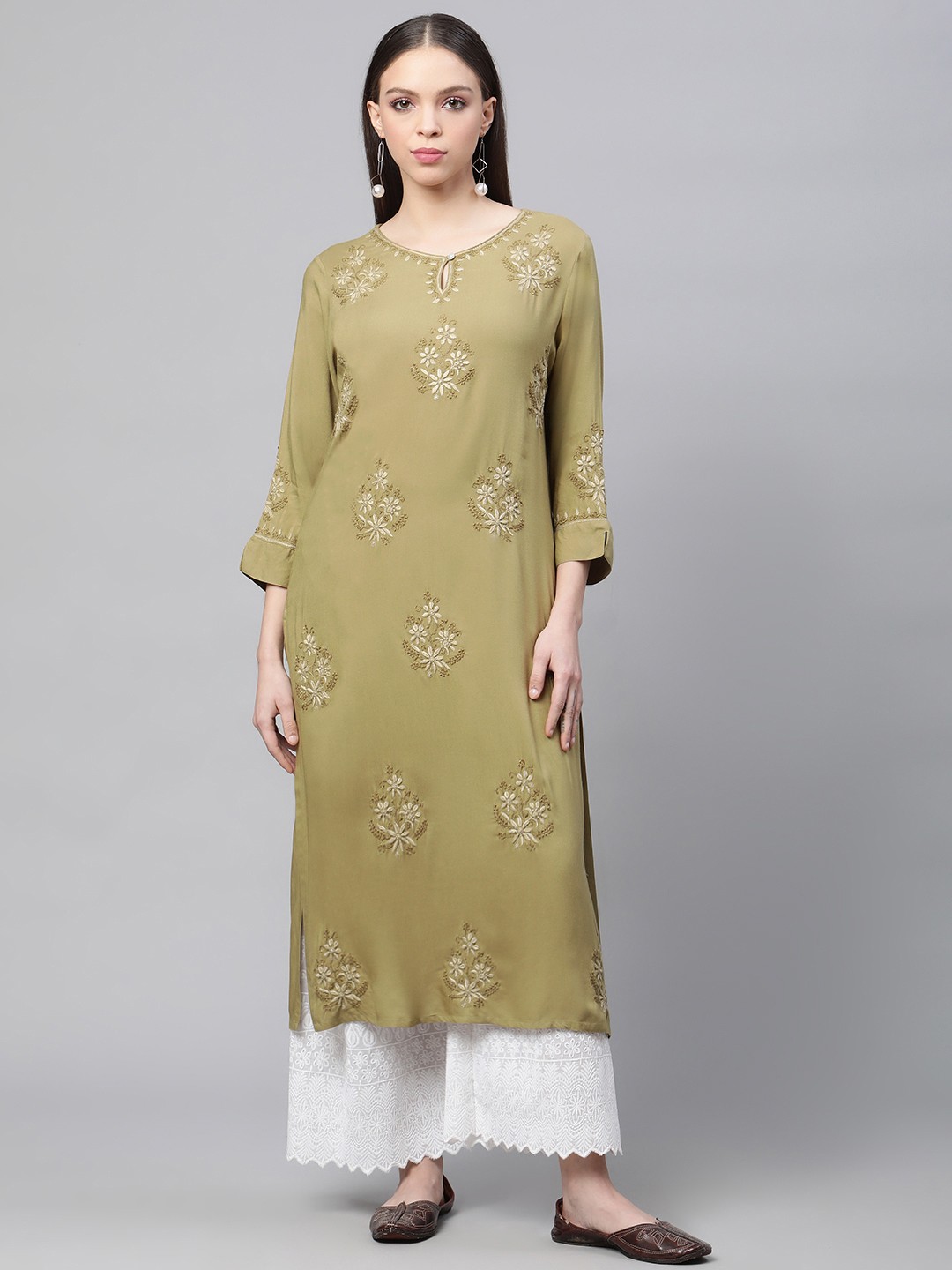 

akheri Women Ethnic Motifs Embroidered Chikankari Kurta, Olive