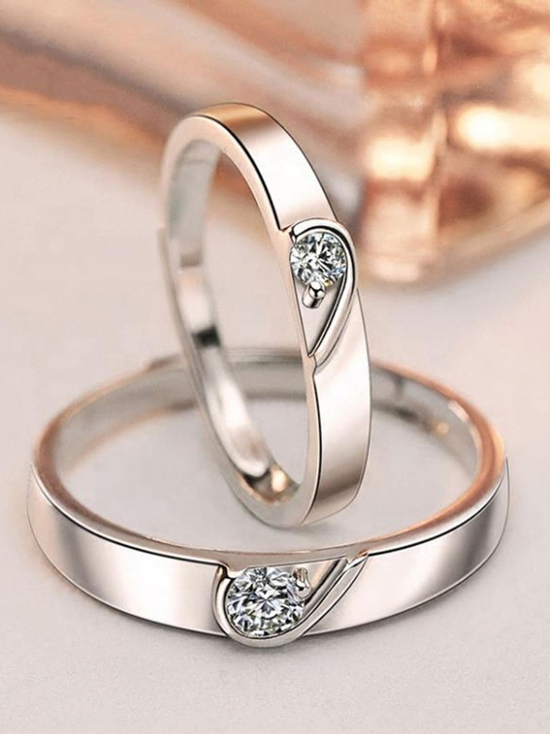 

Fashion Frill Set Of 2 Silver-Plated White Crystal Heart Design Couple Finger Ring