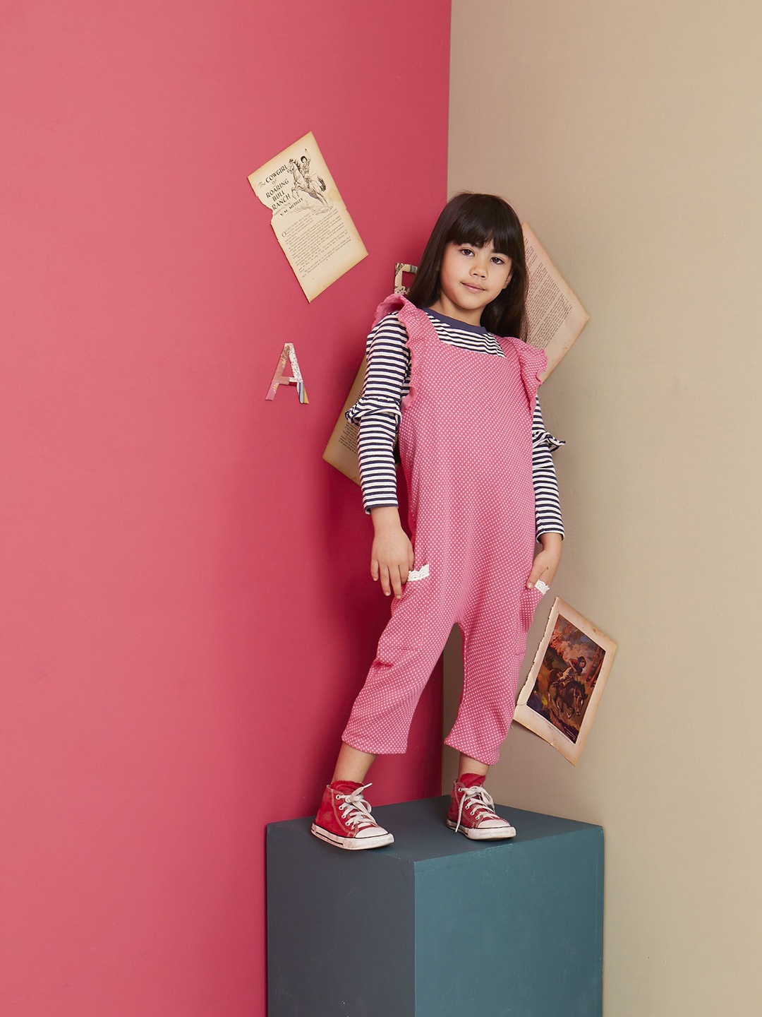 

Lilly and Sid Girls Pink & White Organic Cotton Printed Basic Jumpsuit