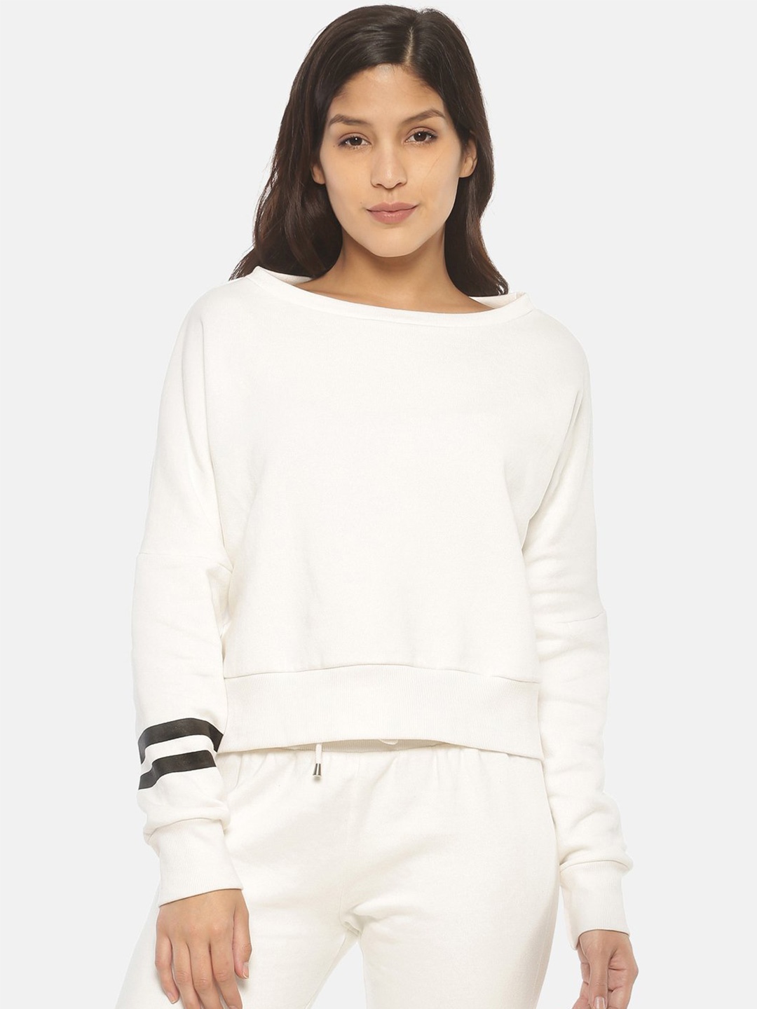 

HERE&NOW Women White Solid Cotton Sweatshirt