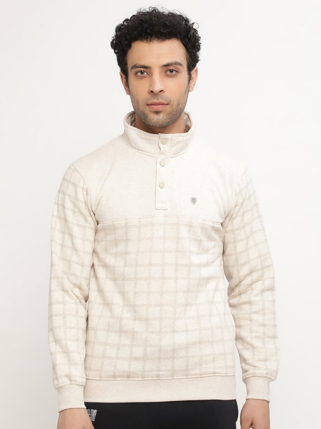 

Octave Men Plus Size Cream-Coloured Checked Fleece Sweatshirt